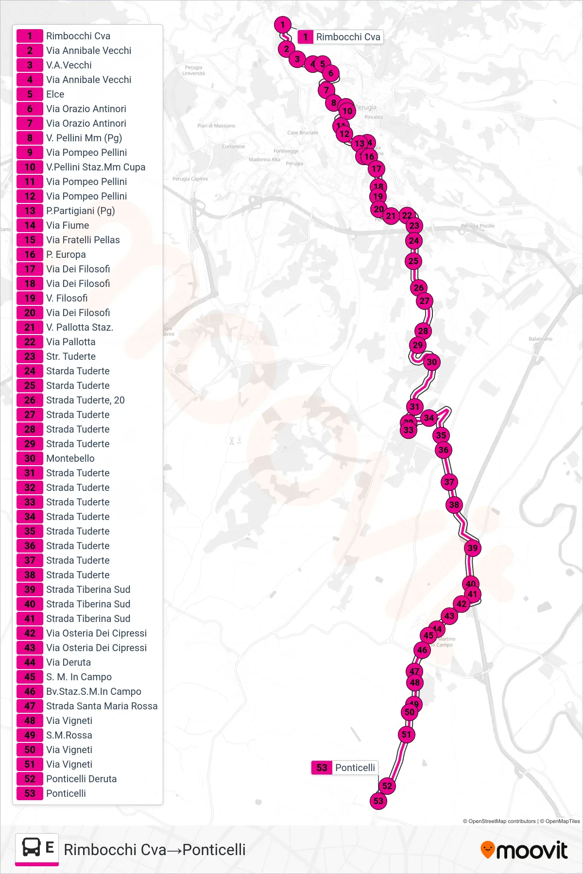 E bus Line (Rimbocchi CVA‎→Ponticelli) route and stops on a map