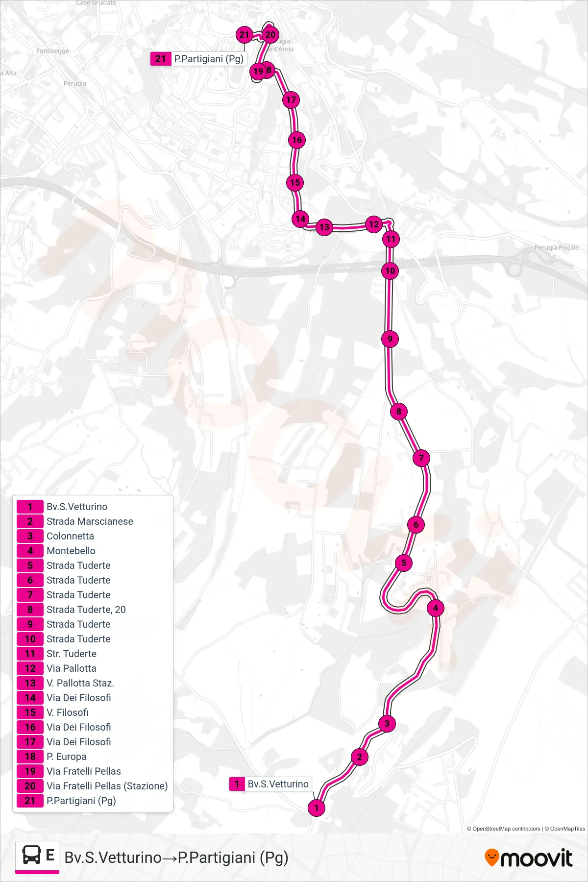 Linea E  bus (Bv.S.Vetturino‎→P.Partigiani (Pg)) - Percorsi e fermate sulla mappa