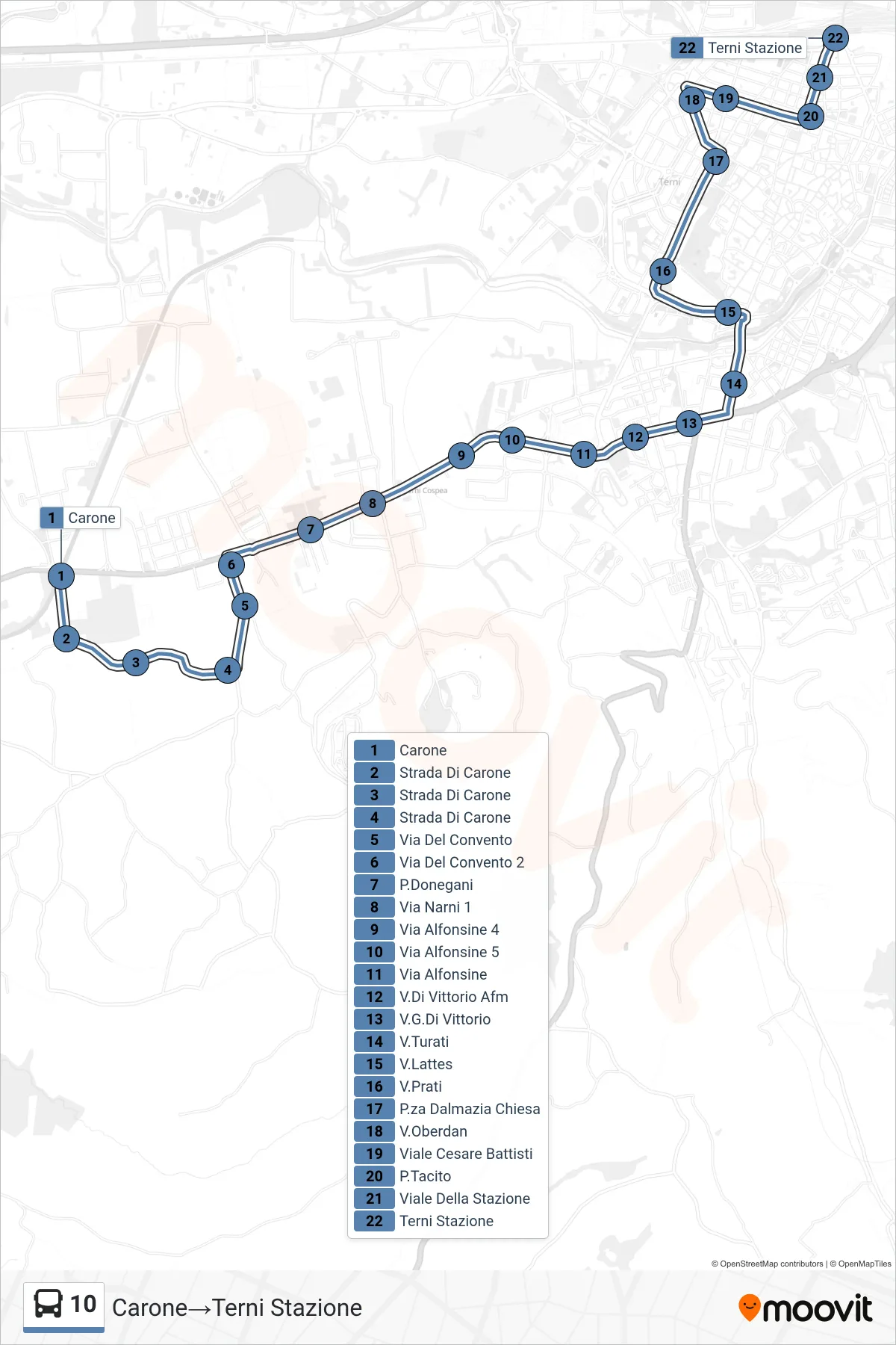 Linea 10 bus (Carone→Terni Stazione) - Percorsi e fermate sulla mappa