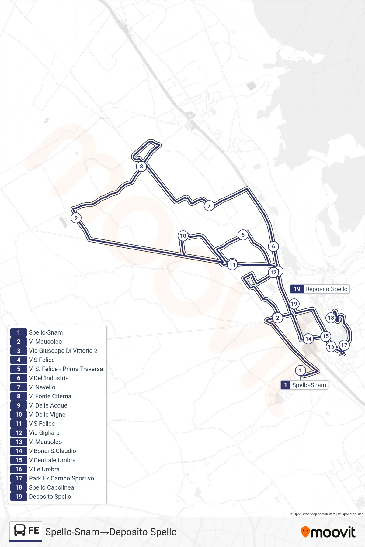 Linea FE  bus (Spello-Snam‎→Deposito Spello) - Percorsi e fermate sulla mappa