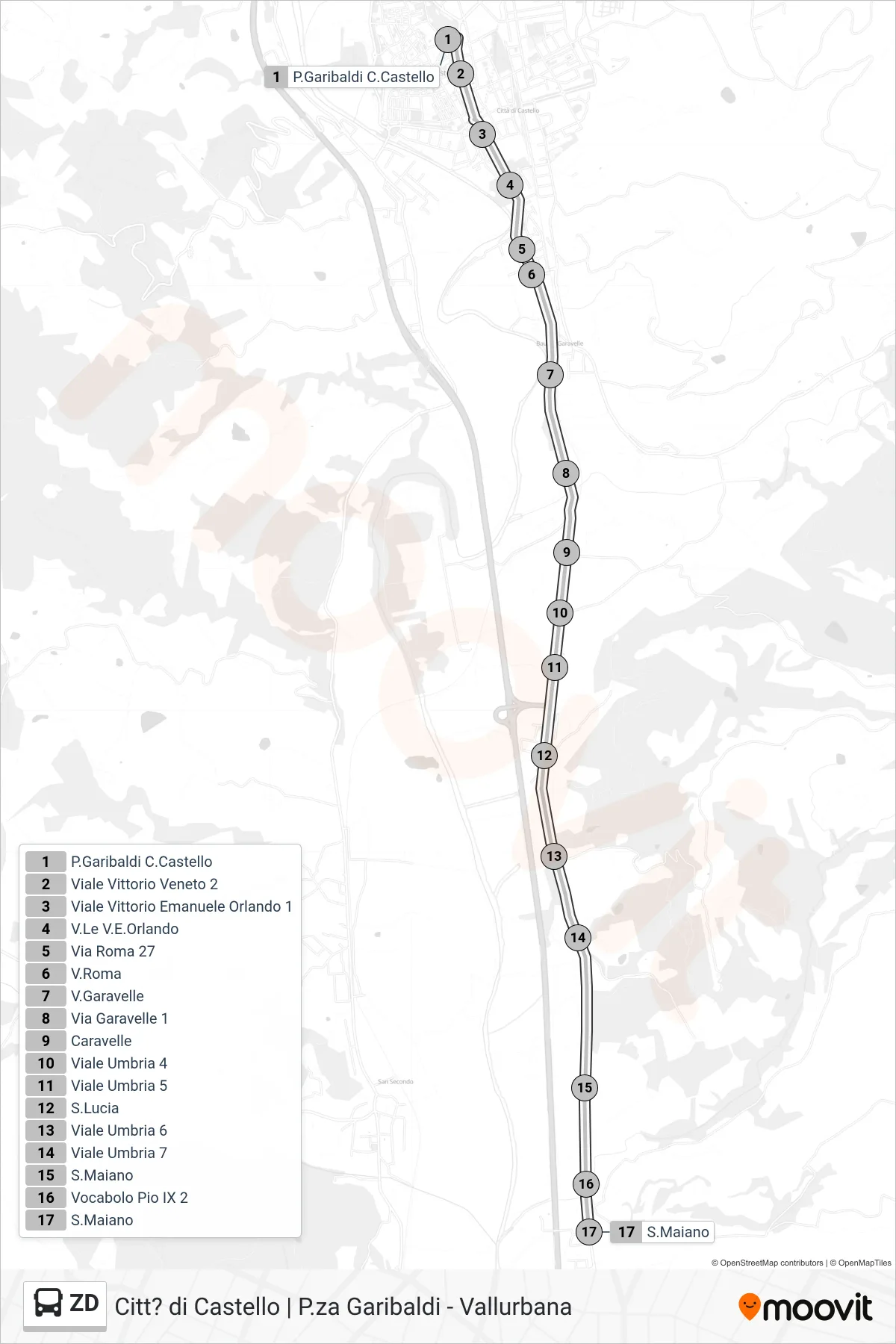 Linea ZD  bus (P.Garibaldi C.Castello‎→S.Maiano) - Percorsi e fermate sulla mappa