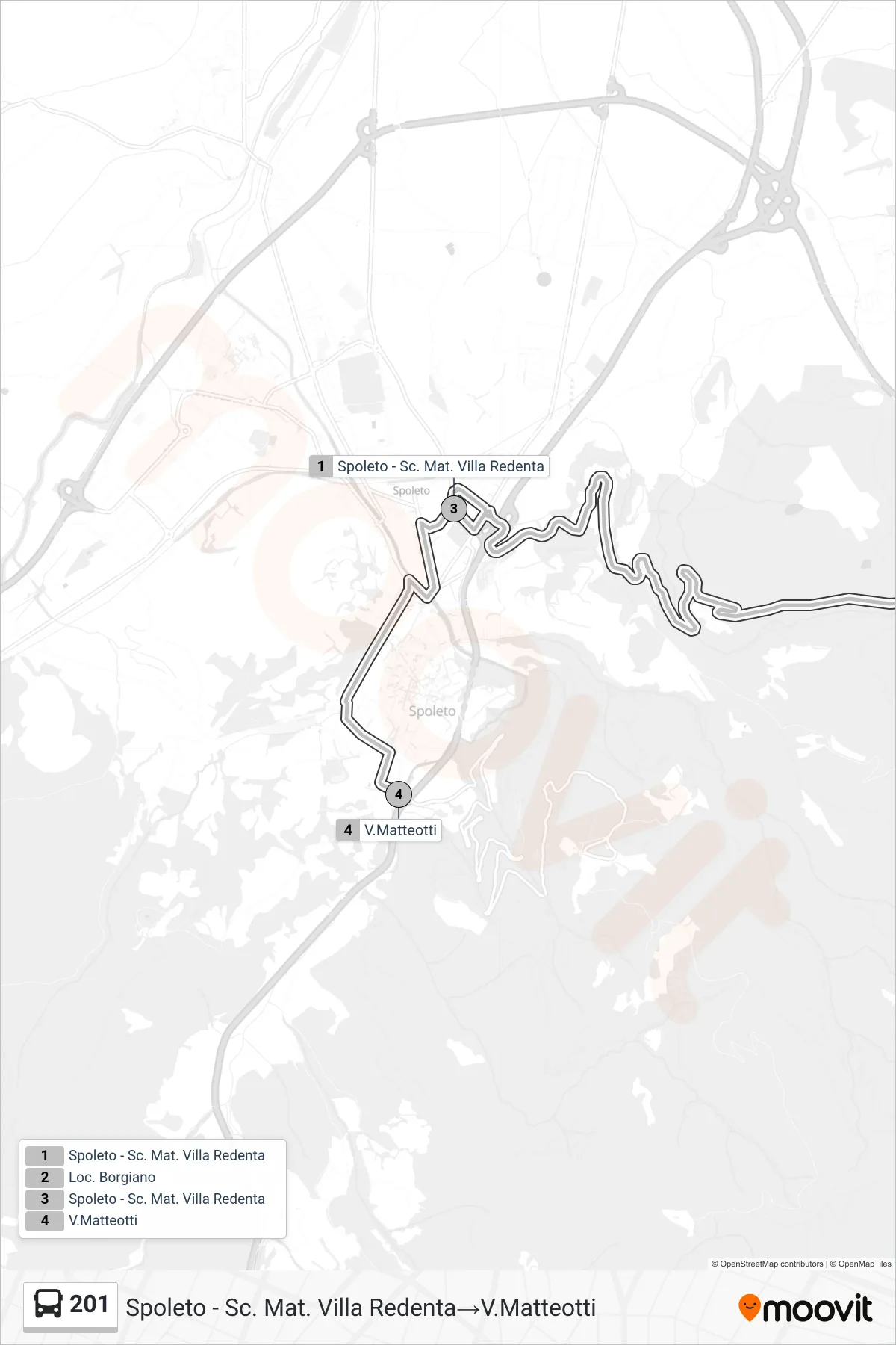 Linea 201  bus (Spoleto - Sc. Mat. Villa  Redenta‎→V.Matteotti) - Percorsi e fermate sulla mappa