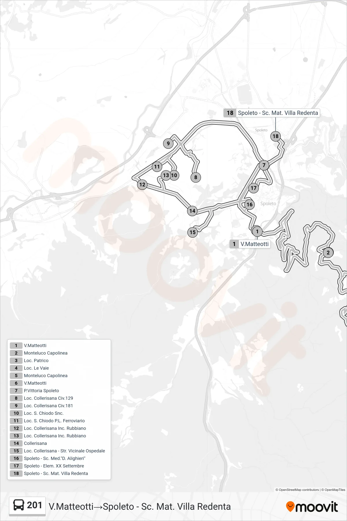 Linea 201 bus (V.Matteotti→Spoleto - Sc. Mat. Villa Redenta) - Percorsi e fermate sulla mappa