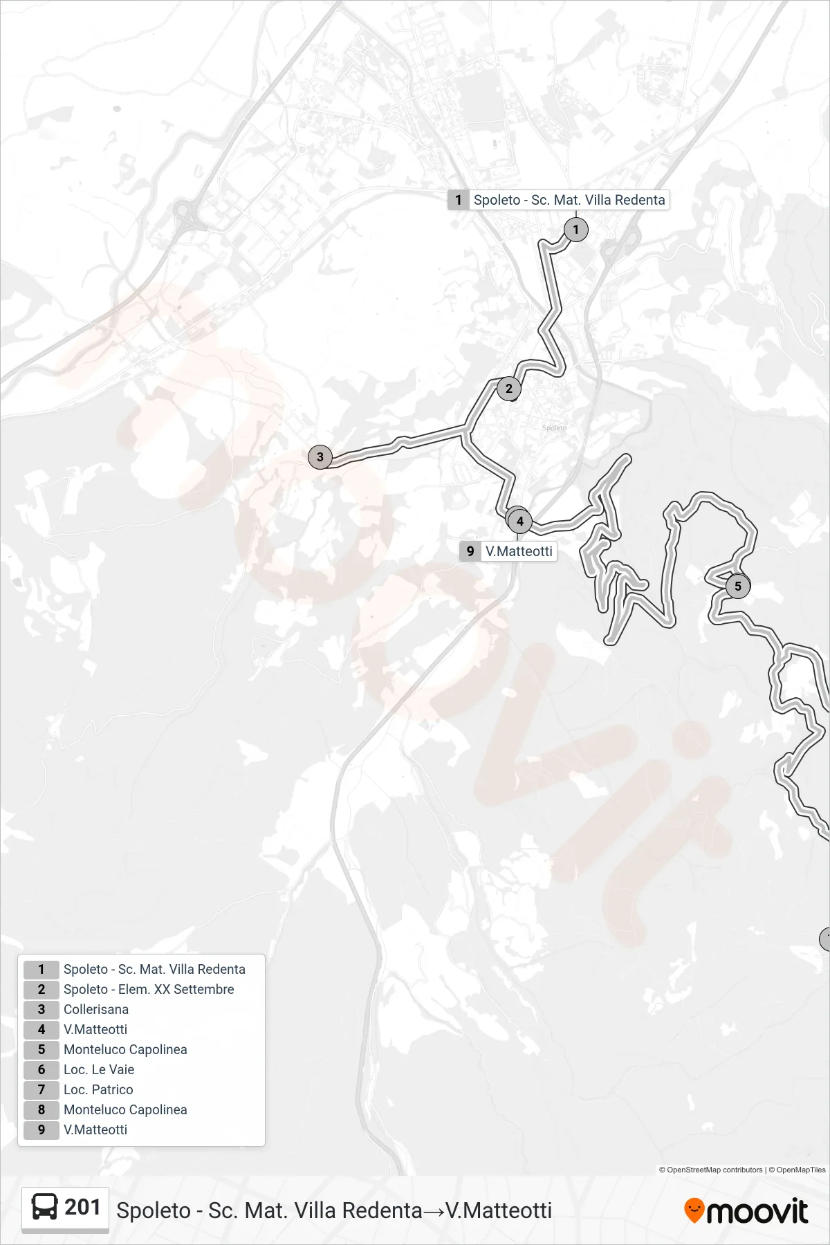 Linea 201 bus (Spoleto - Sc. Mat. Villa Redenta→V.Matteotti) - Percorsi e fermate sulla mappa