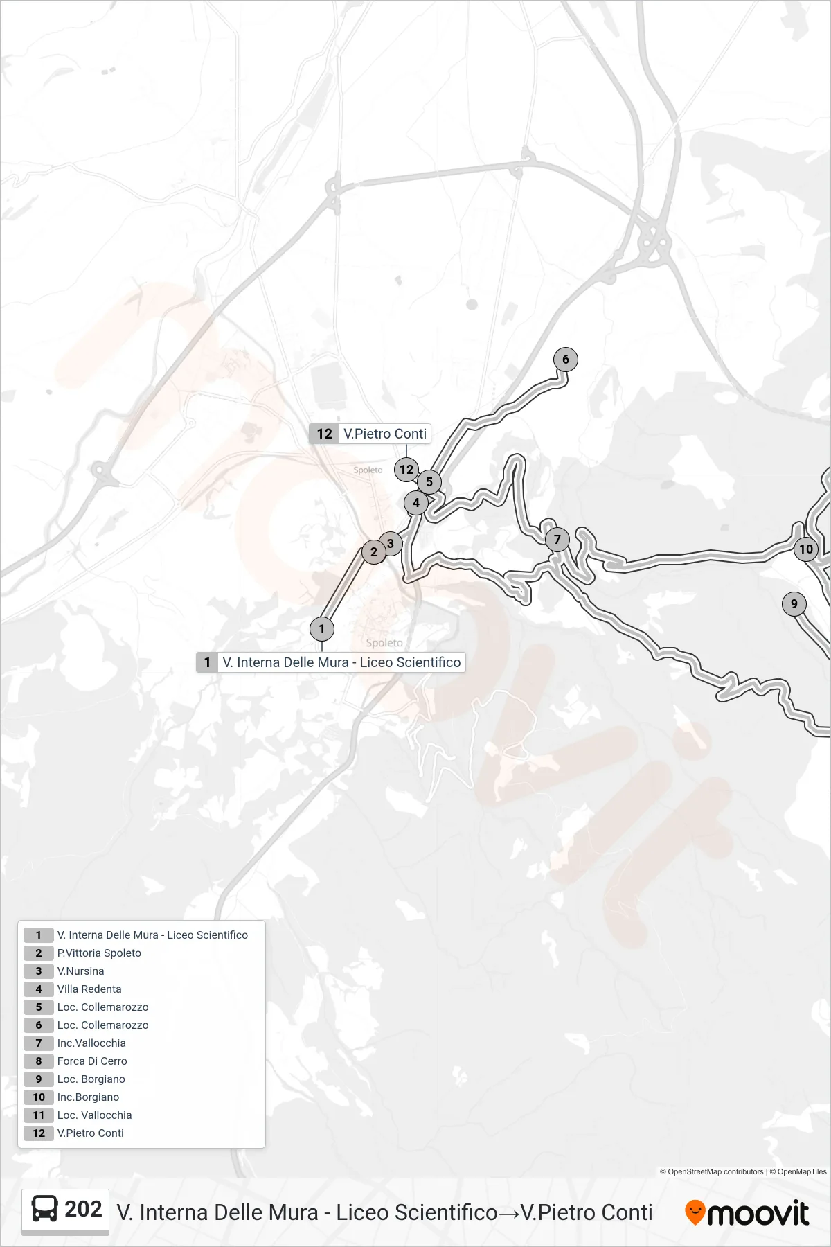 Linea 202 bus (V. Interna Delle Mura - Liceo Scientifico→V.Pietro Conti) - Percorsi e fermate sulla mappa