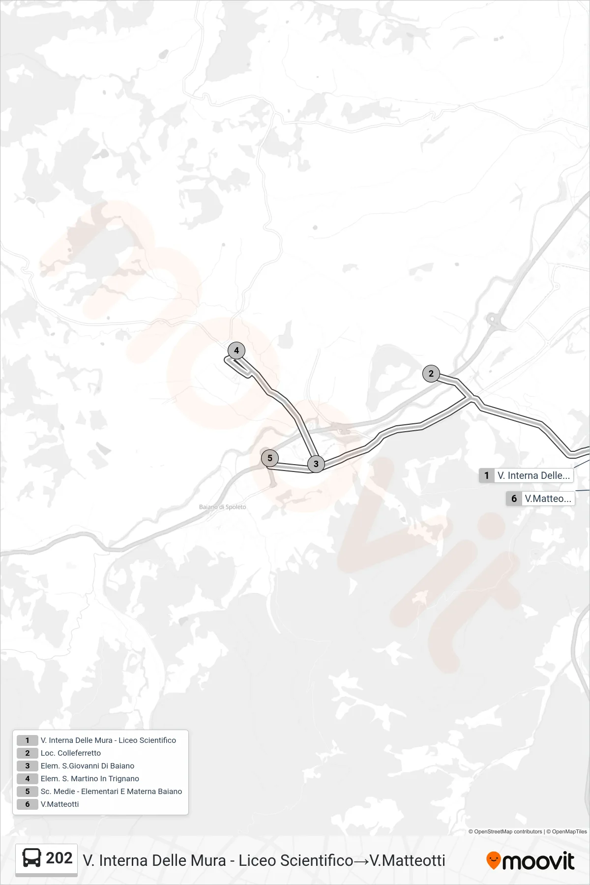 Linea 202 bus (V. Interna Delle Mura - Liceo Scientifico→V.Matteotti) - Percorsi e fermate sulla mappa