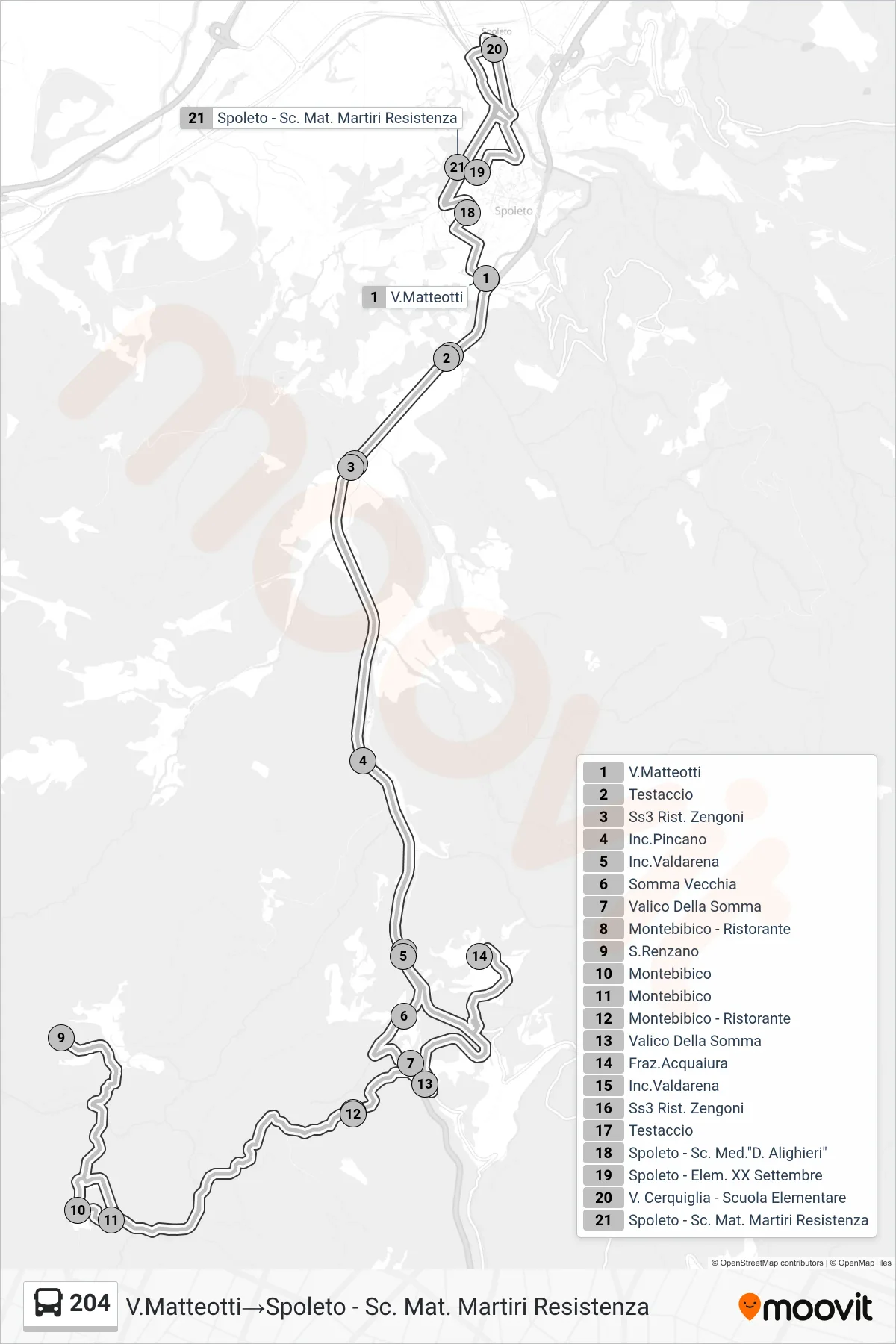 Linea 204 bus (V.Matteotti→Spoleto - Sc. Mat. Martiri Resistenza) - Percorsi e fermate sulla mappa