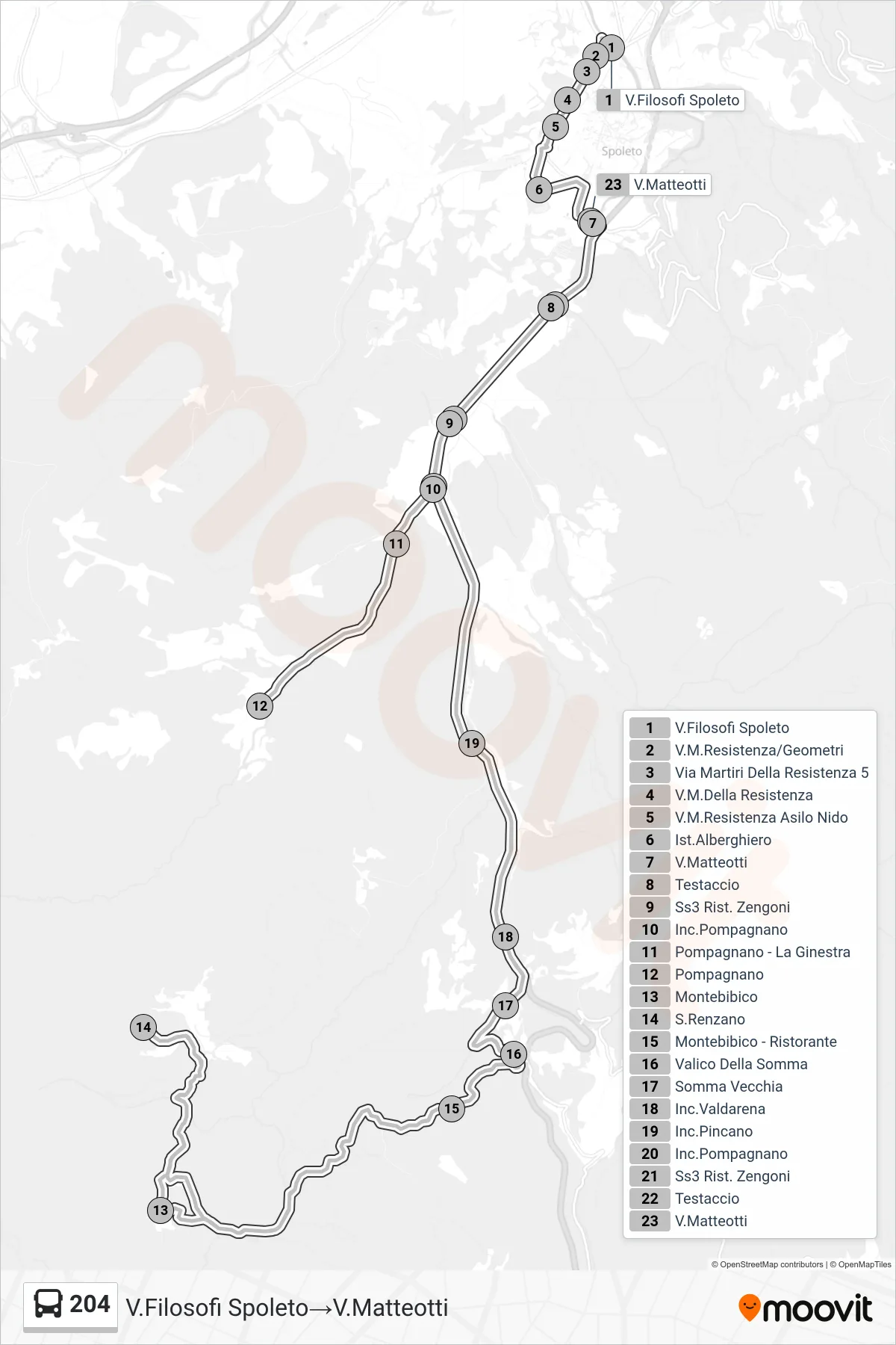 Linea 204  bus (V.Filosofi Spoleto‎→V.Matteotti) - Percorsi e fermate sulla mappa