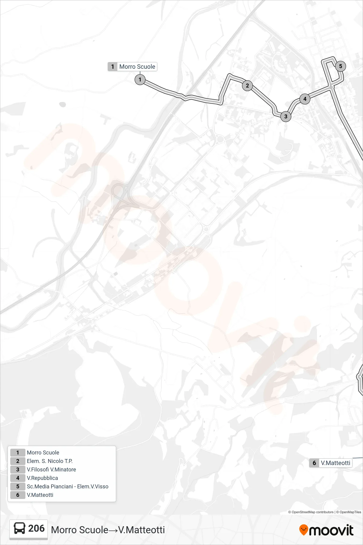 Linea 206  bus (Morro Scuole‎→V.Matteotti) - Percorsi e fermate sulla mappa