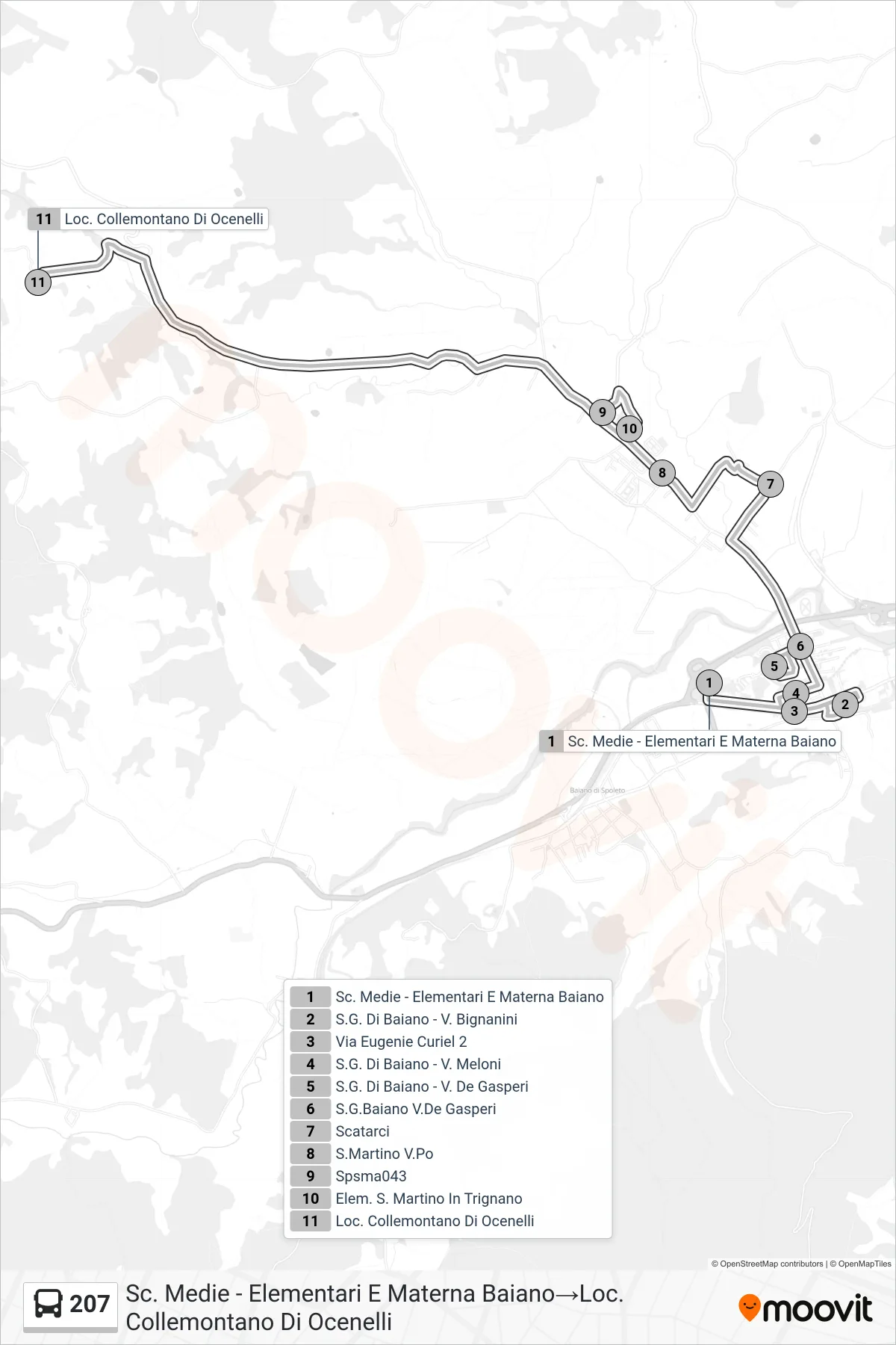 Linea 207  bus (Sc. Medie - Elementari E Materna Baiano‎→Loc. Collemontano Di Ocenelli) - Percorsi e fermate sulla mappa