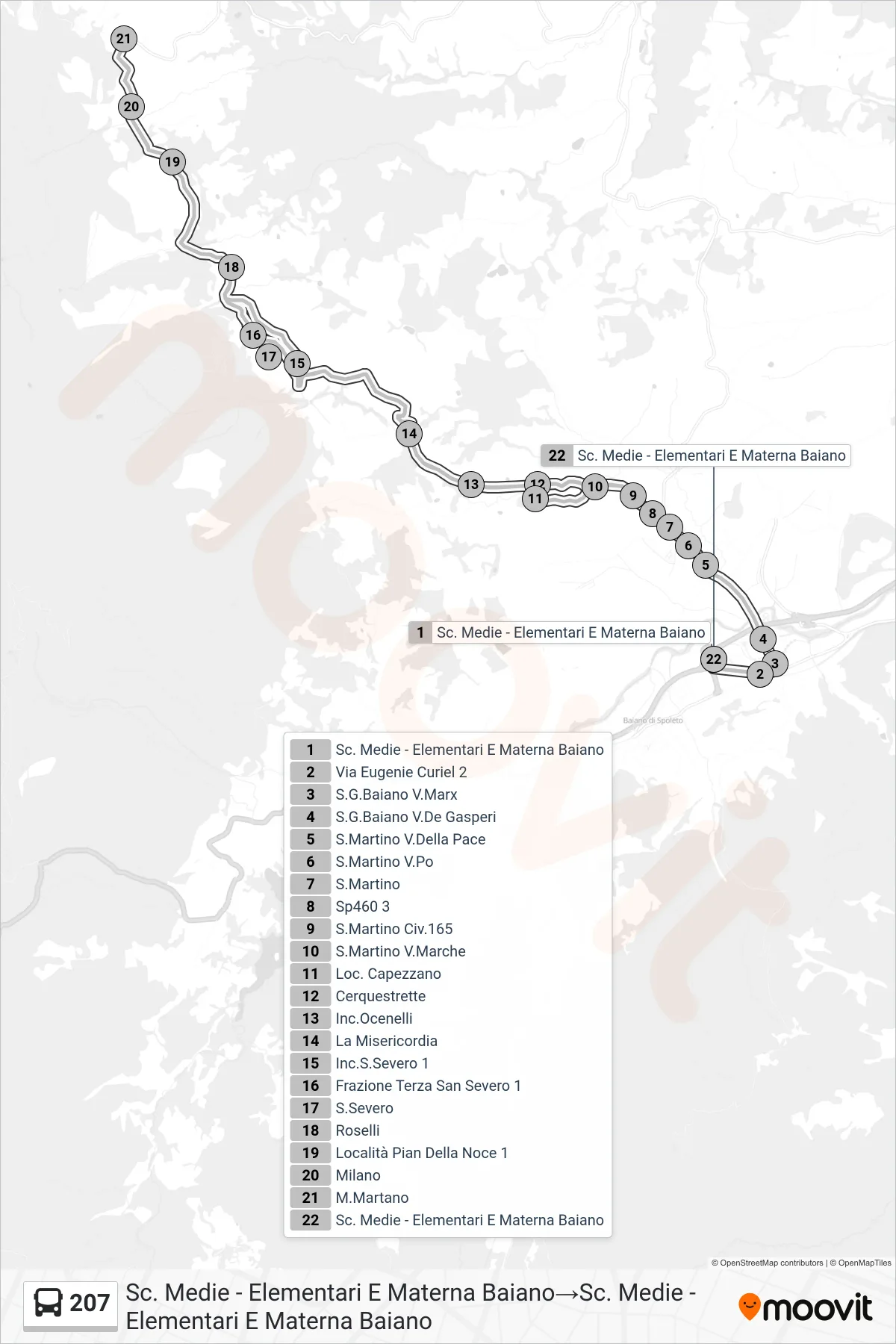 Linea 207 bus (Sc. Medie - Elementari E Materna Baiano→Sc. Medie - Elementari E Materna Baiano) - Percorsi e fermate sulla mappa