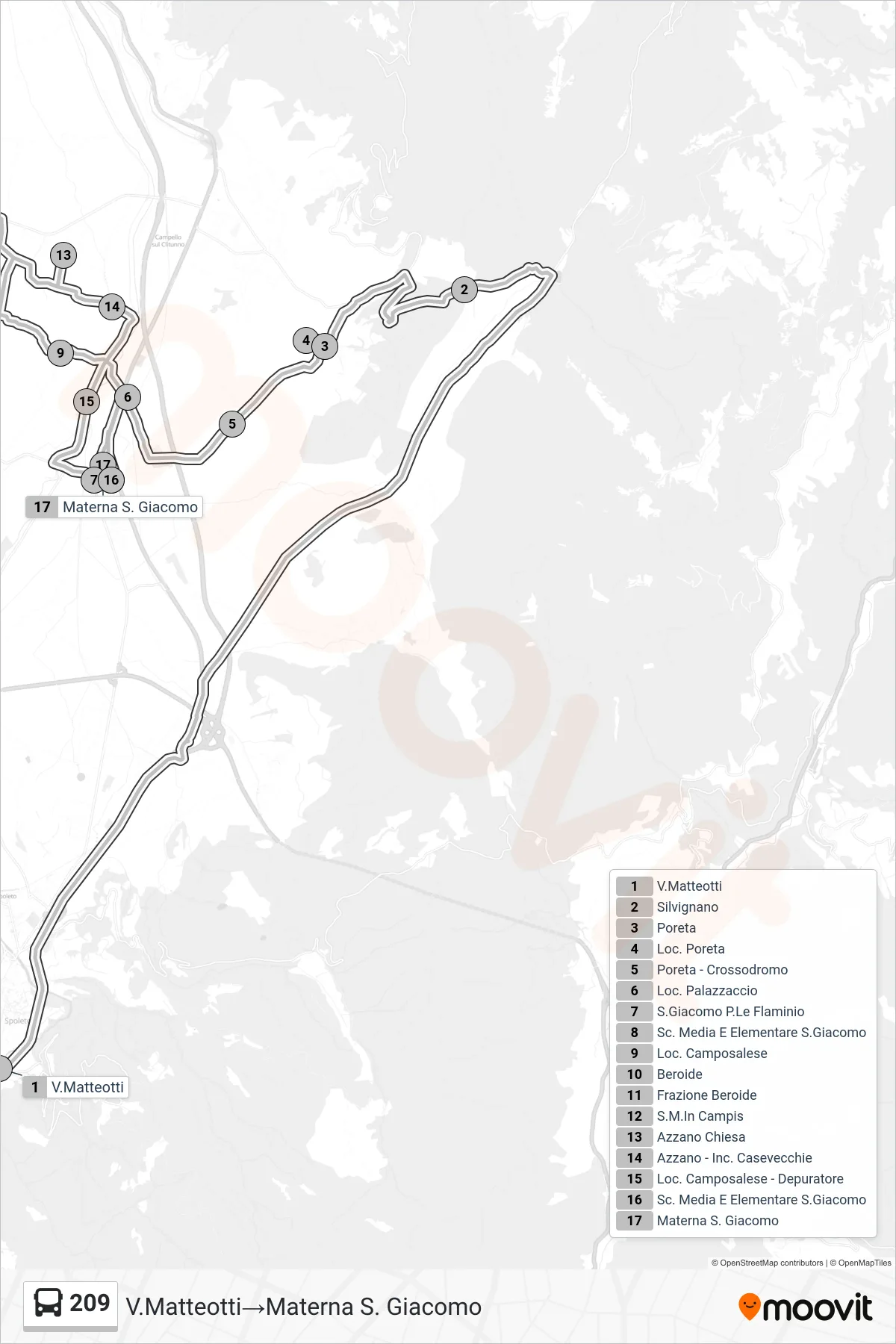 Linea 209 bus (V.Matteotti→Materna S. Giacomo) - Percorsi e fermate sulla mappa