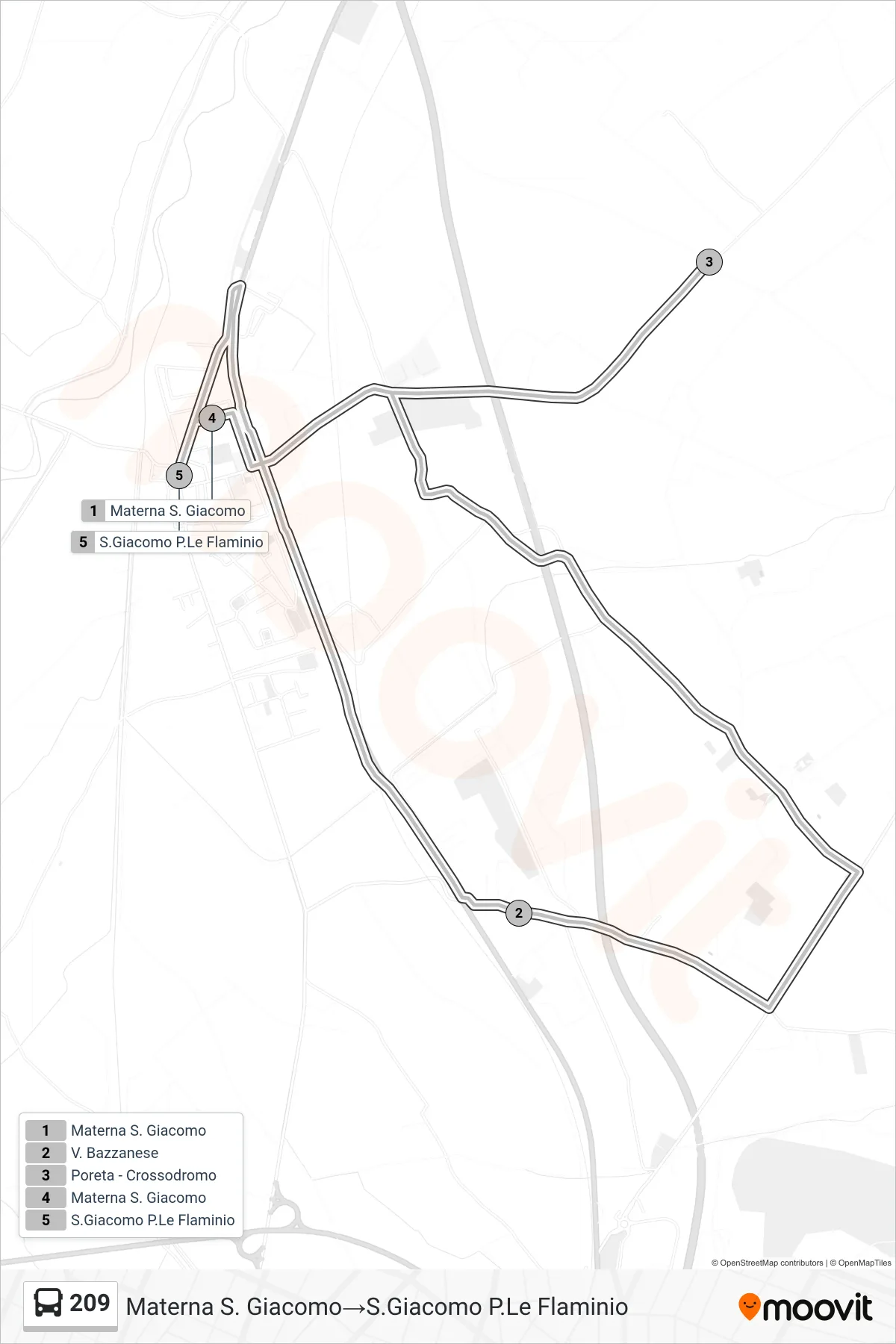 Linea 209 bus (Materna S. Giacomo→S.Giacomo P.Le Flaminio) - Percorsi e fermate sulla mappa