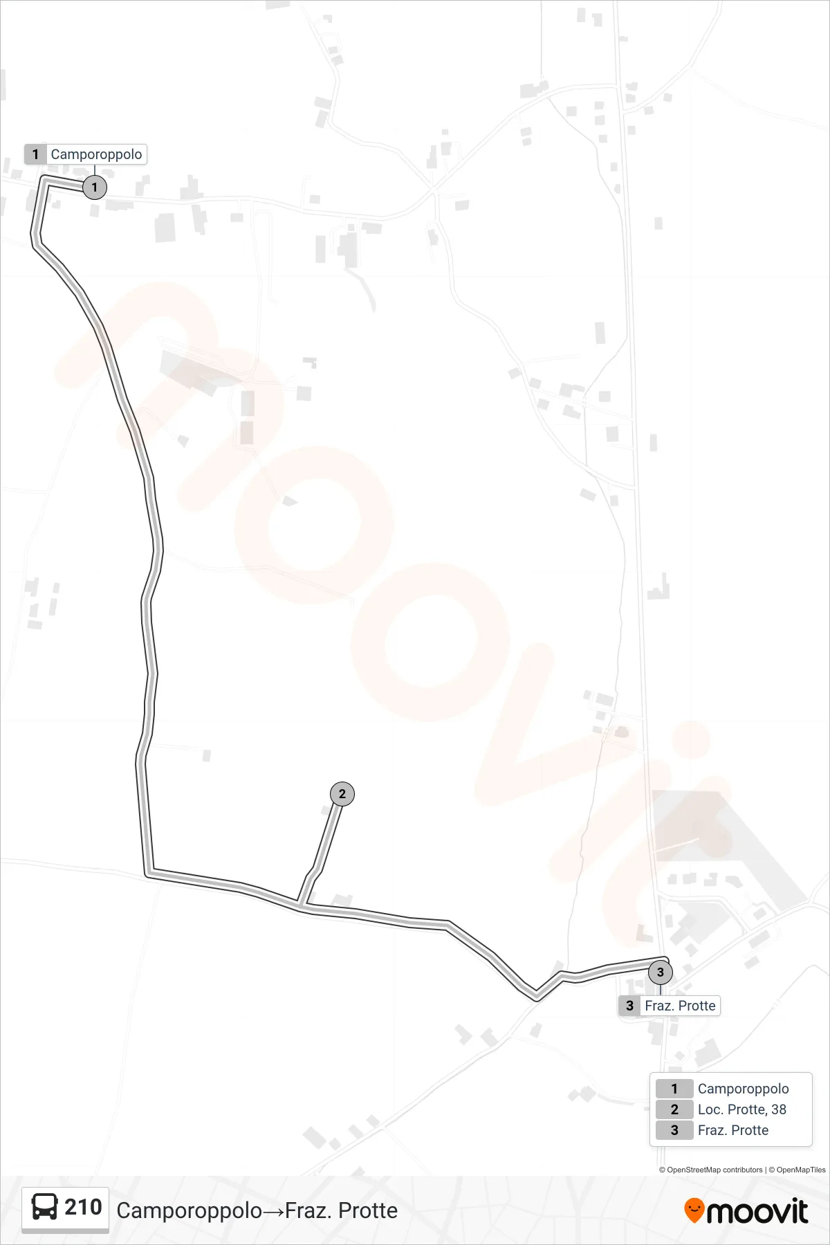 Linea 210 bus (Camporoppolo→Fraz. Protte) - Percorsi e fermate sulla mappa