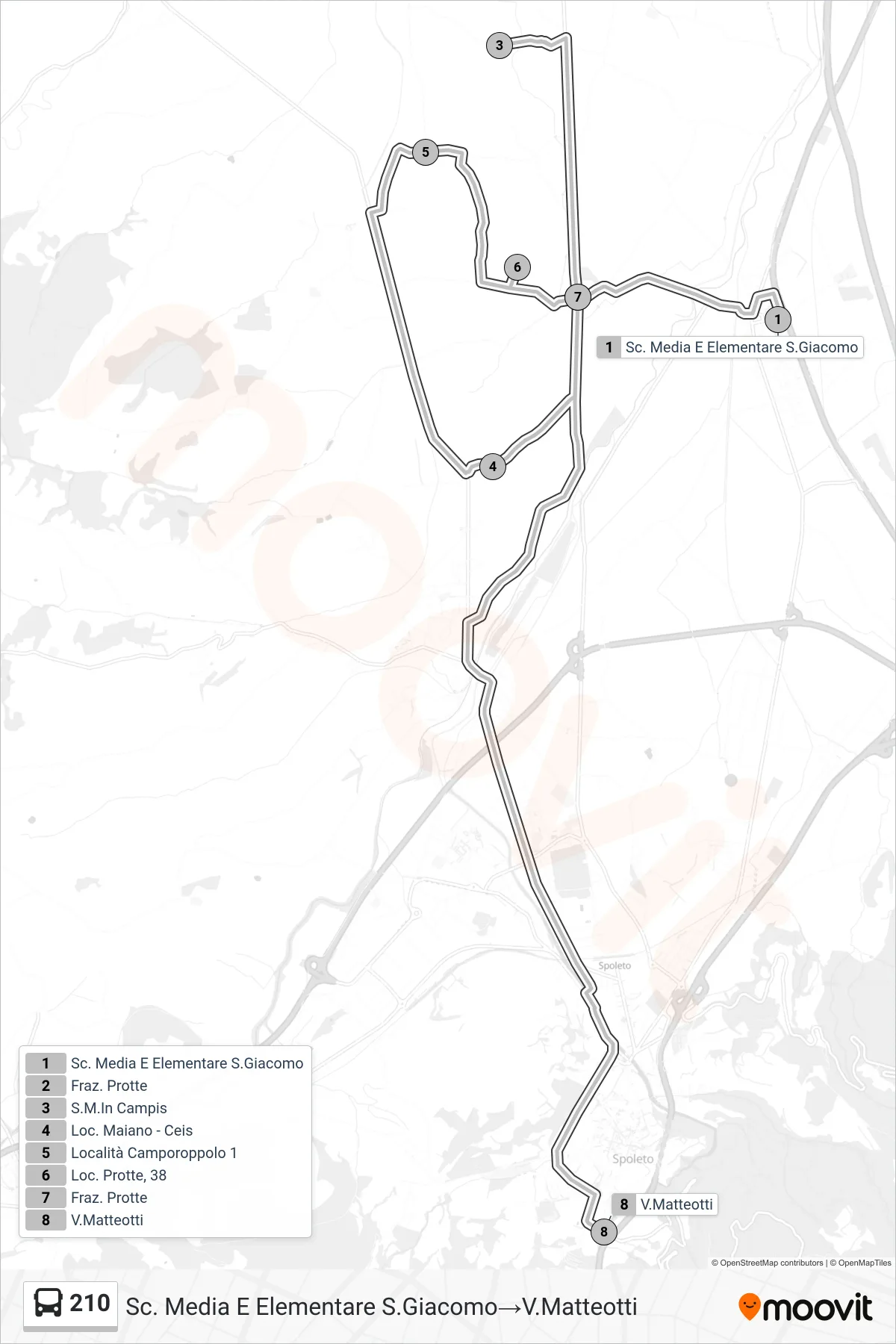 Linea 210 bus (Sc. Media E Elementare S.Giacomo→V.Matteotti) - Percorsi e fermate sulla mappa