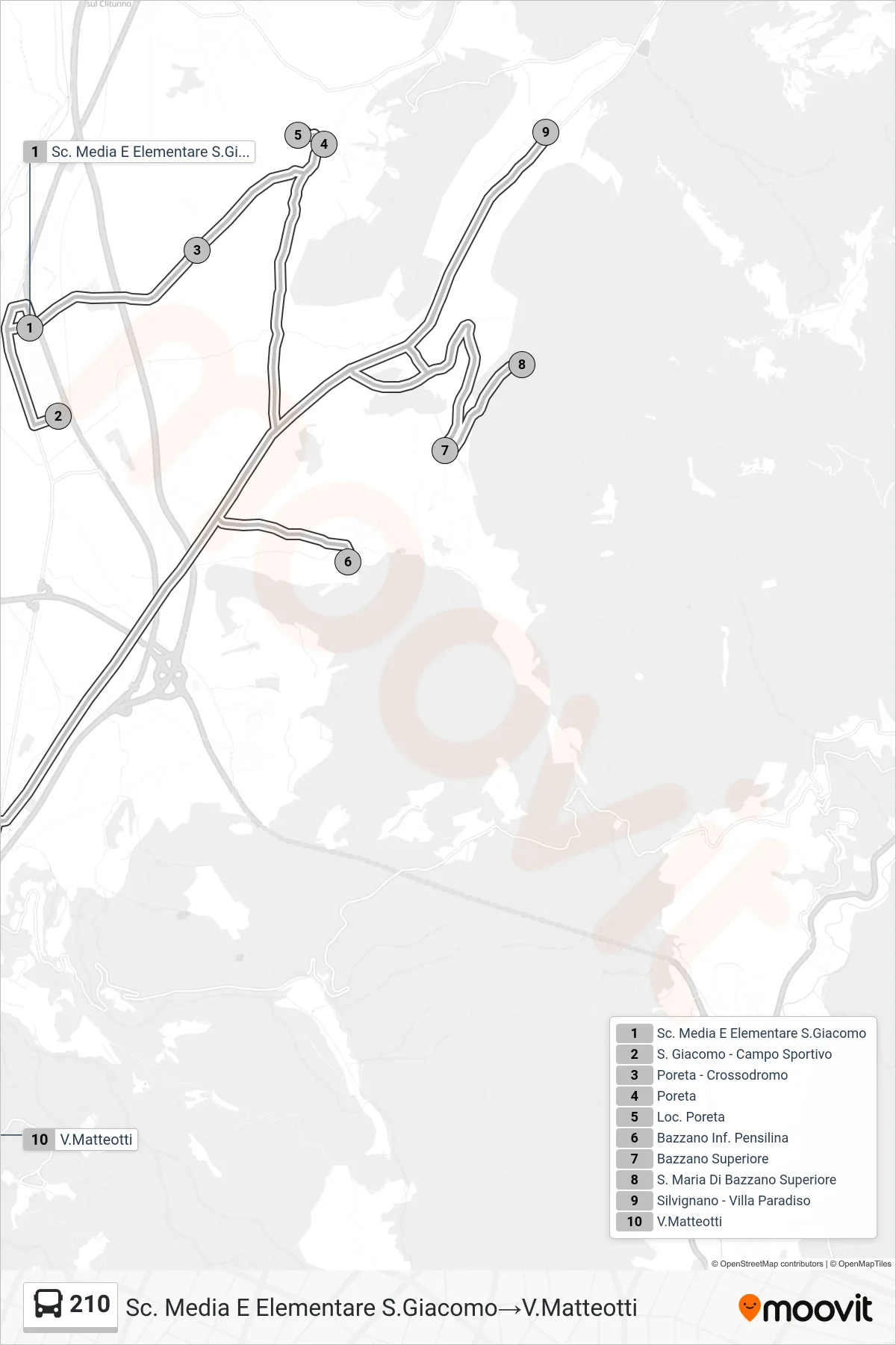 Linea 210  bus (Sc. Media E Elementare S.Giacomo‎→V.Matteotti) - Percorsi e fermate sulla mappa