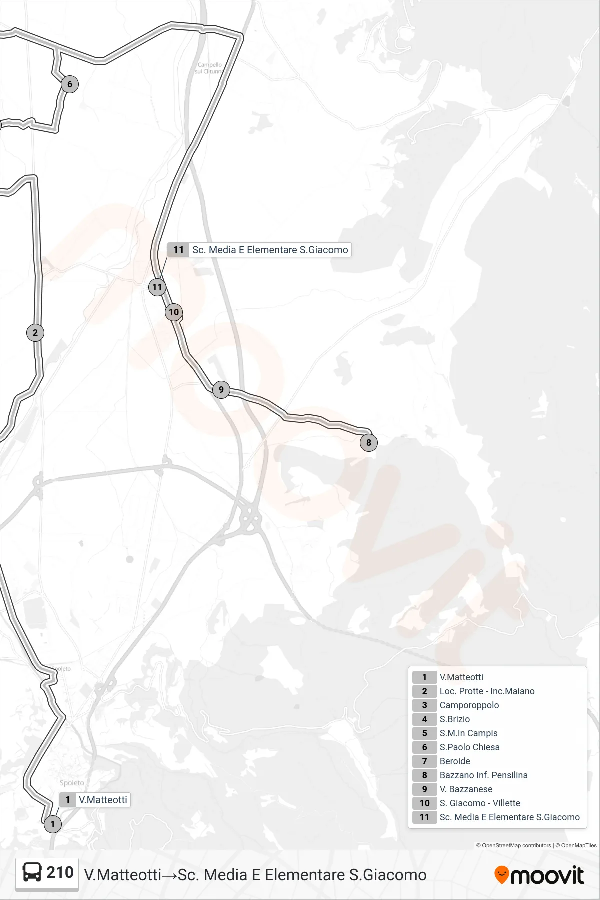 Linea 210 bus (V.Matteotti→Sc. Media E Elementare S.Giacomo) - Percorsi e fermate sulla mappa