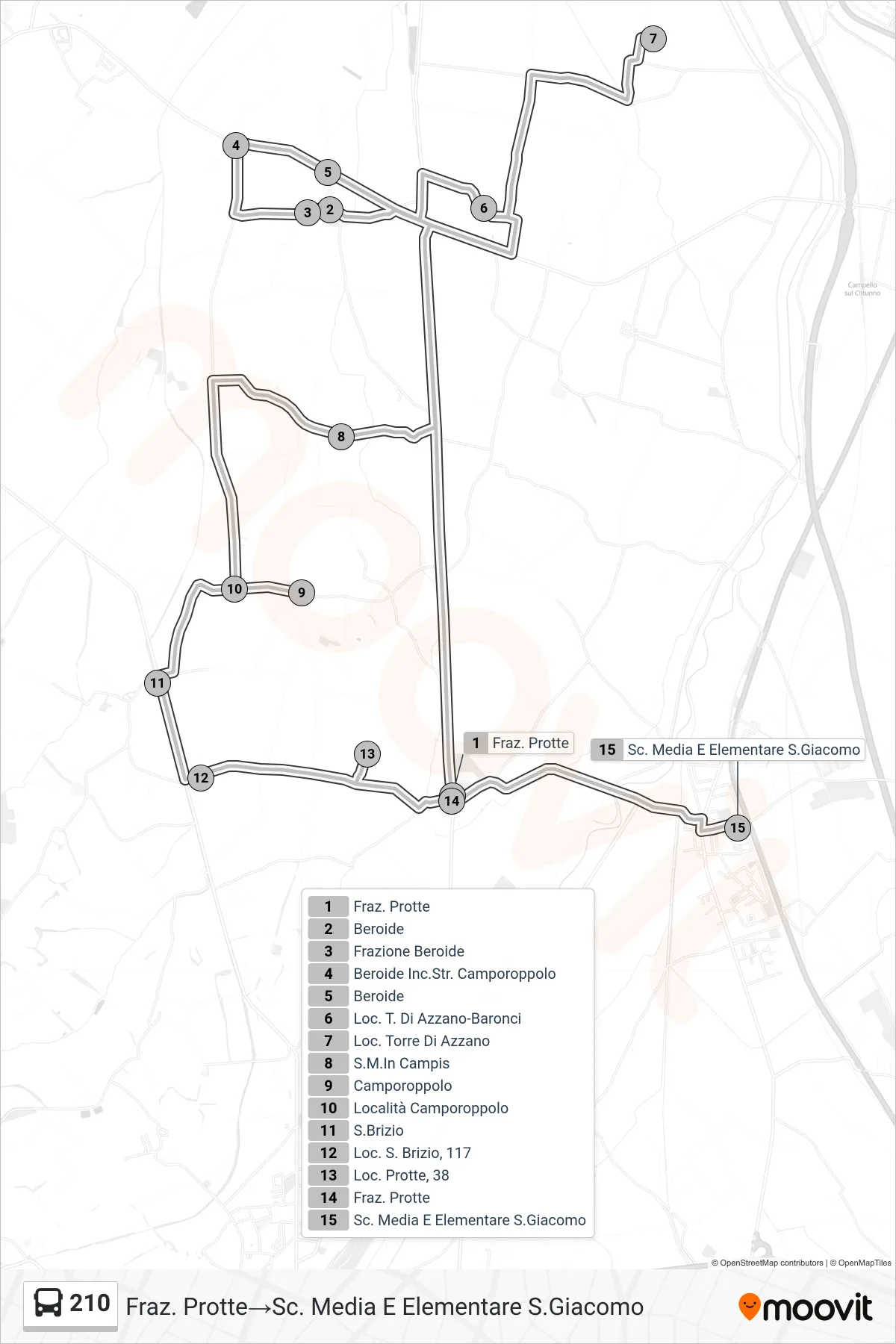 Linea 210 bus (Fraz. Protte→Sc. Media E Elementare S.Giacomo) - Percorsi e fermate sulla mappa