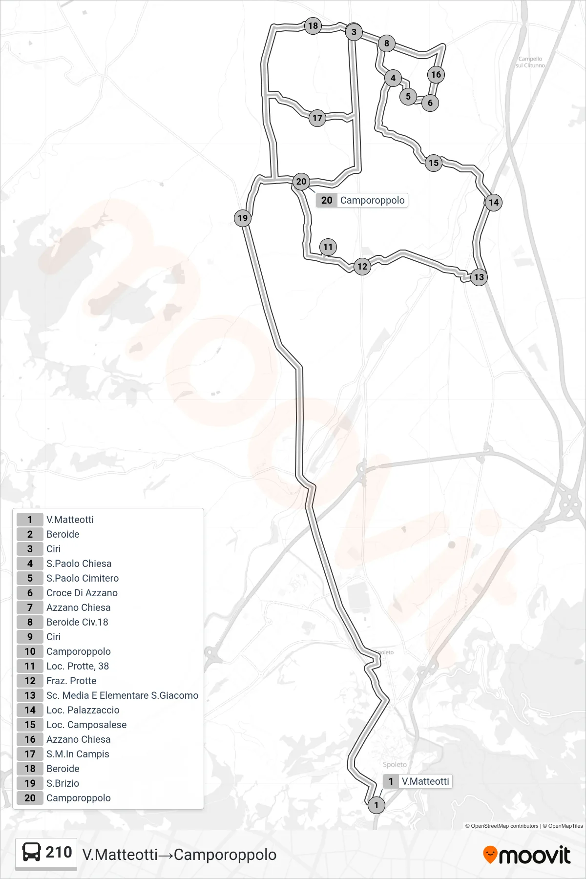 Linea 210 bus (V.Matteotti→Camporoppolo) - Percorsi e fermate sulla mappa