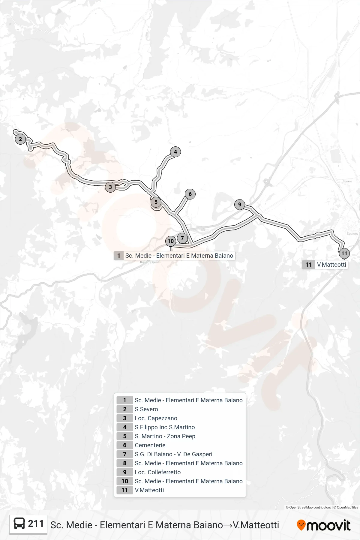 Linea 211 bus (Sc. Medie - Elementari E Materna Baiano→V.Matteotti) - Percorsi e fermate sulla mappa