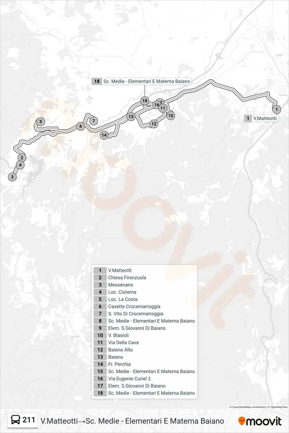 Linea 211  bus (V.Matteotti‎→Sc. Medie - Elementari E Materna Baiano) - Percorsi e fermate sulla mappa