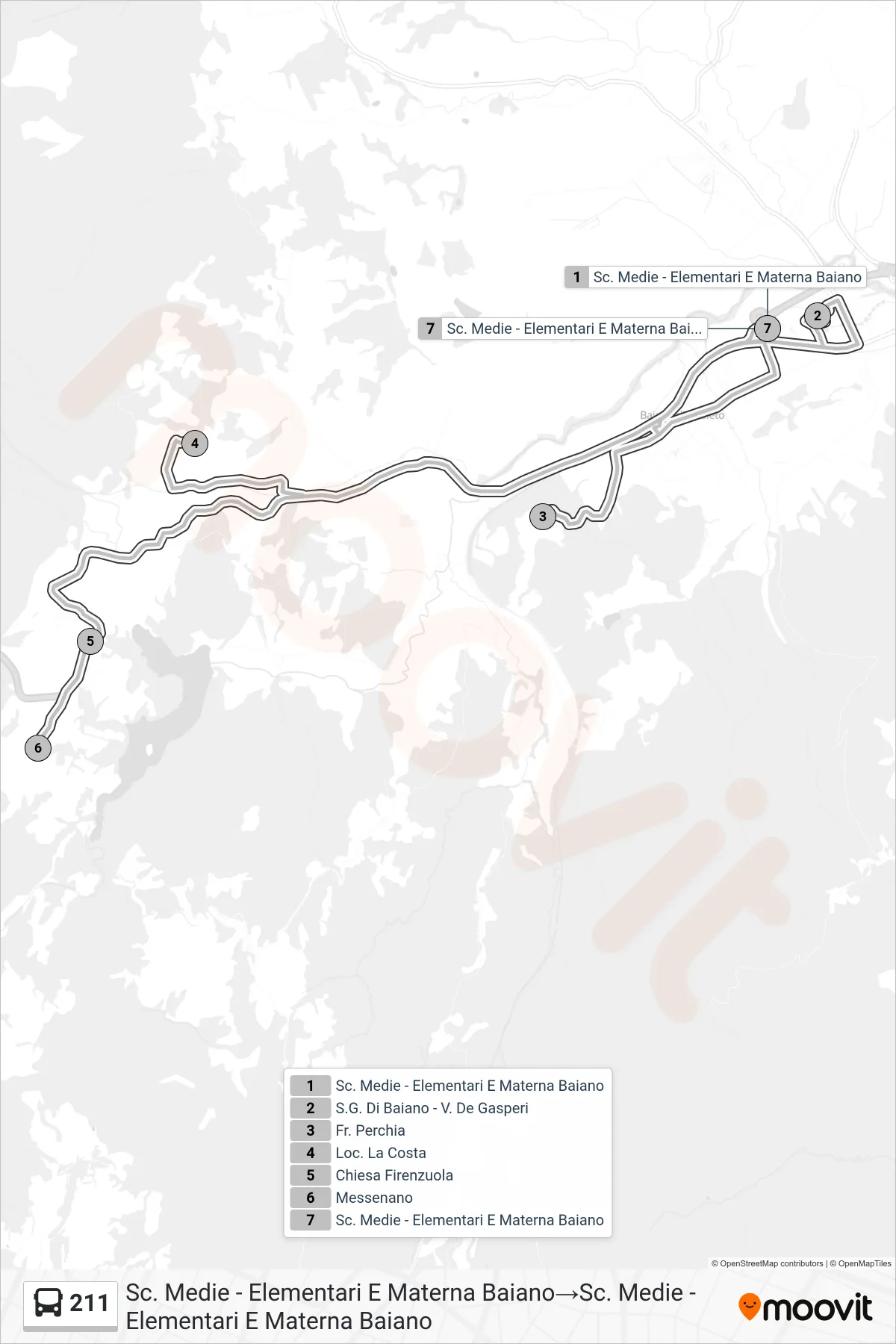 Linea 211 bus (Sc. Medie - Elementari E Materna Baiano→Sc. Medie - Elementari E Materna Baiano) - Percorsi e fermate sulla mappa
