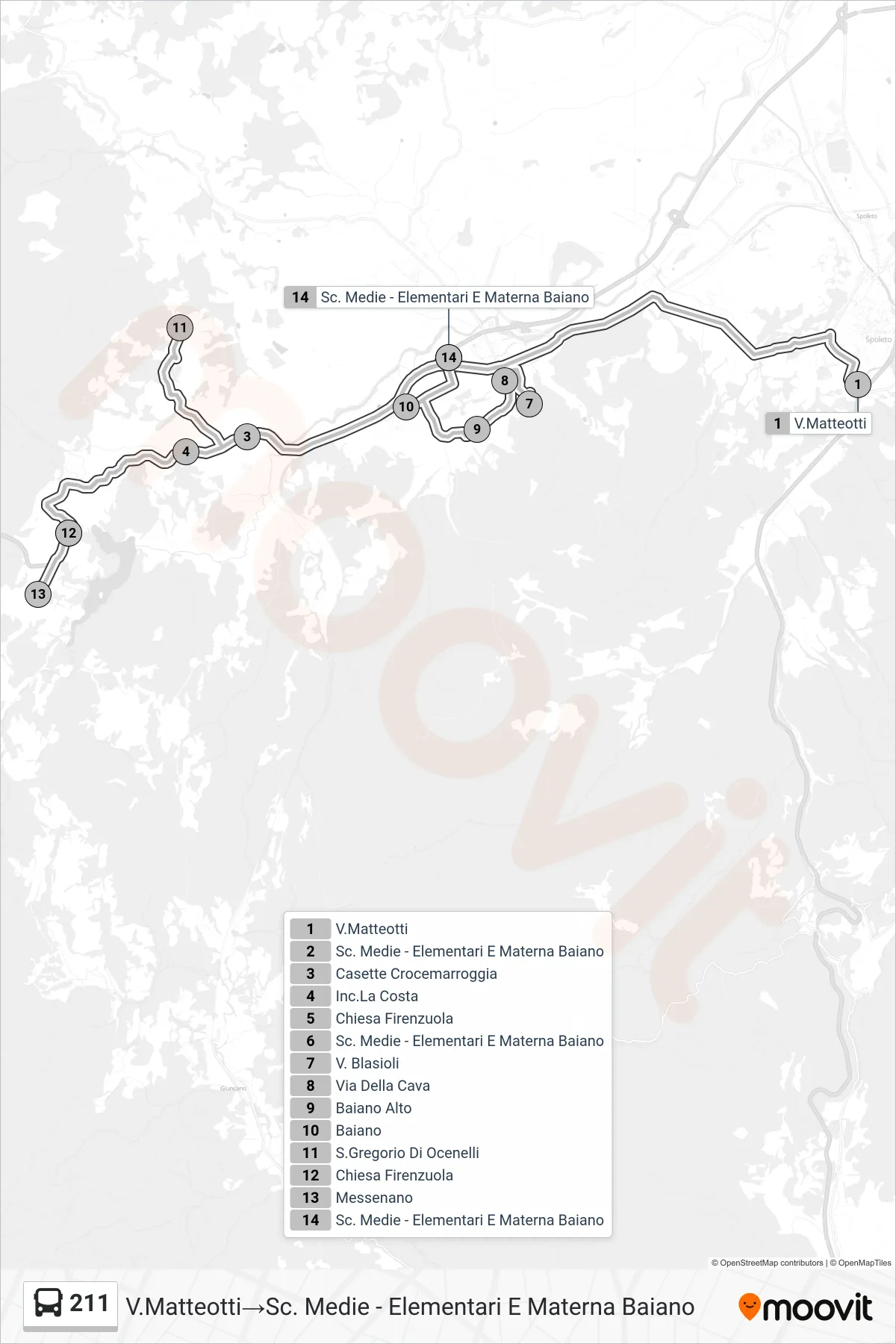 Linea 211 bus (V.Matteotti→Sc. Medie - Elementari E Materna Baiano) - Percorsi e fermate sulla mappa