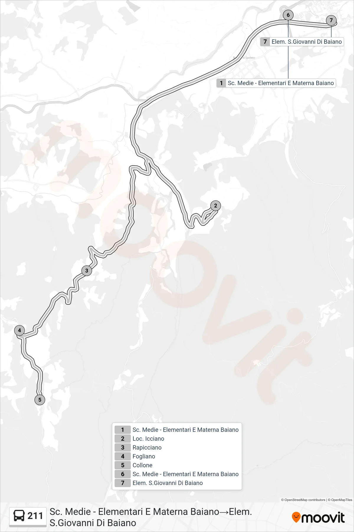 Linea 211  bus (Sc. Medie - Elementari E Materna Baiano‎→Elem. S.Giovanni Di Baiano) - Percorsi e fermate sulla mappa