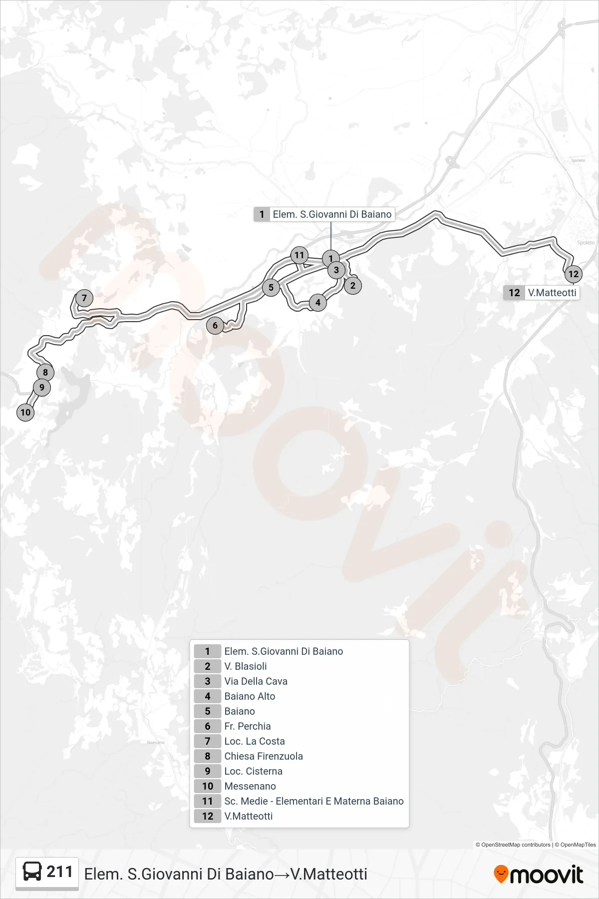 Linea 211  bus (Elem. S.Giovanni Di Baiano‎→V.Matteotti) - Percorsi e fermate sulla mappa