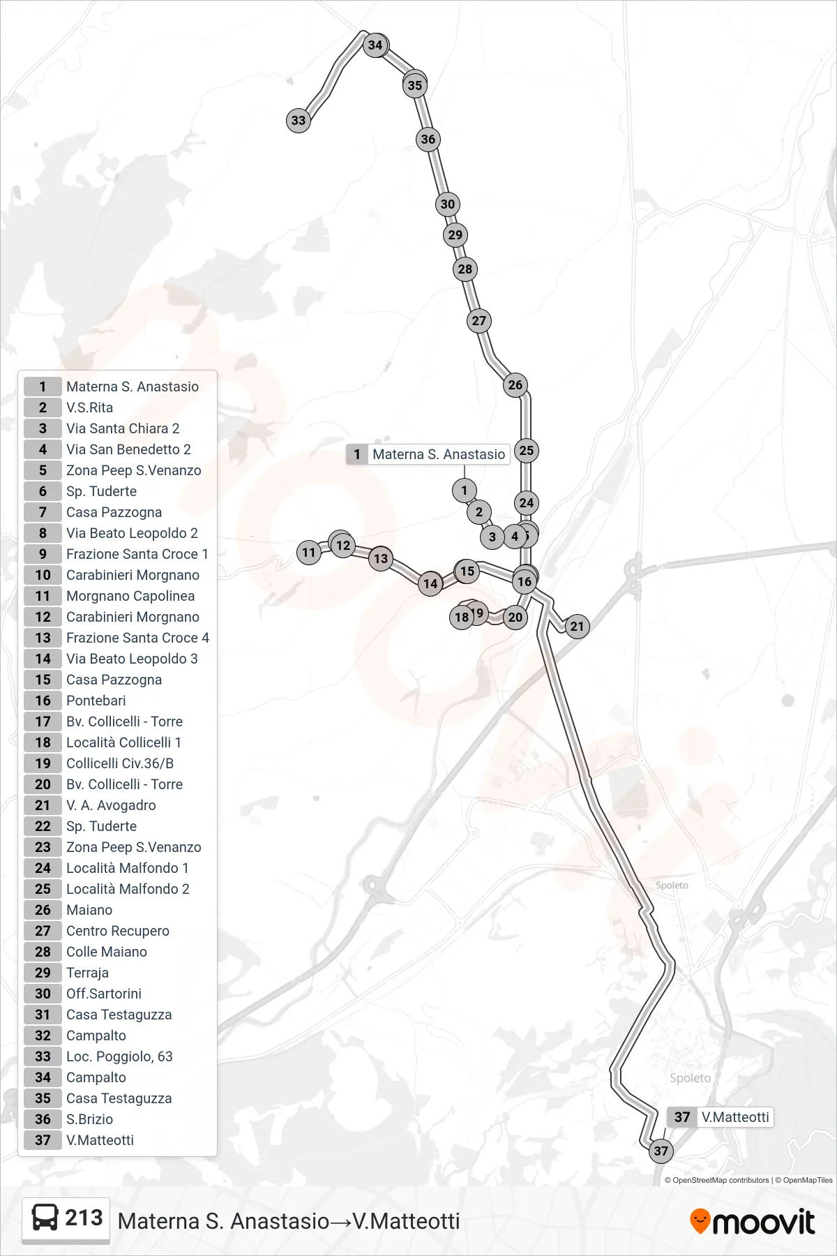 Linea 213  bus (Materna S. Anastasio‎→V.Matteotti) - Percorsi e fermate sulla mappa