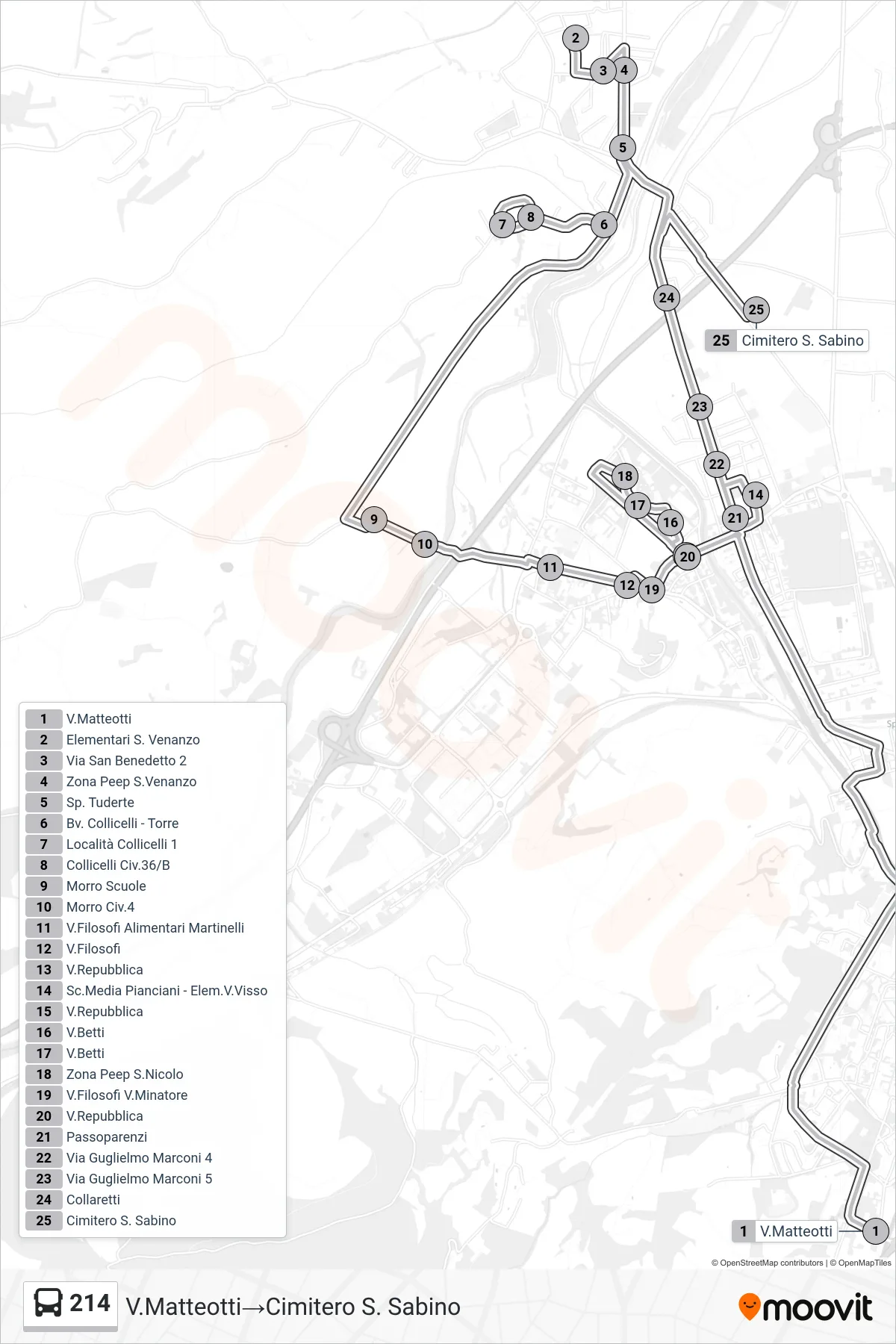 Linea 214 bus (V.Matteotti→Cimitero S. Sabino) - Percorsi e fermate sulla mappa