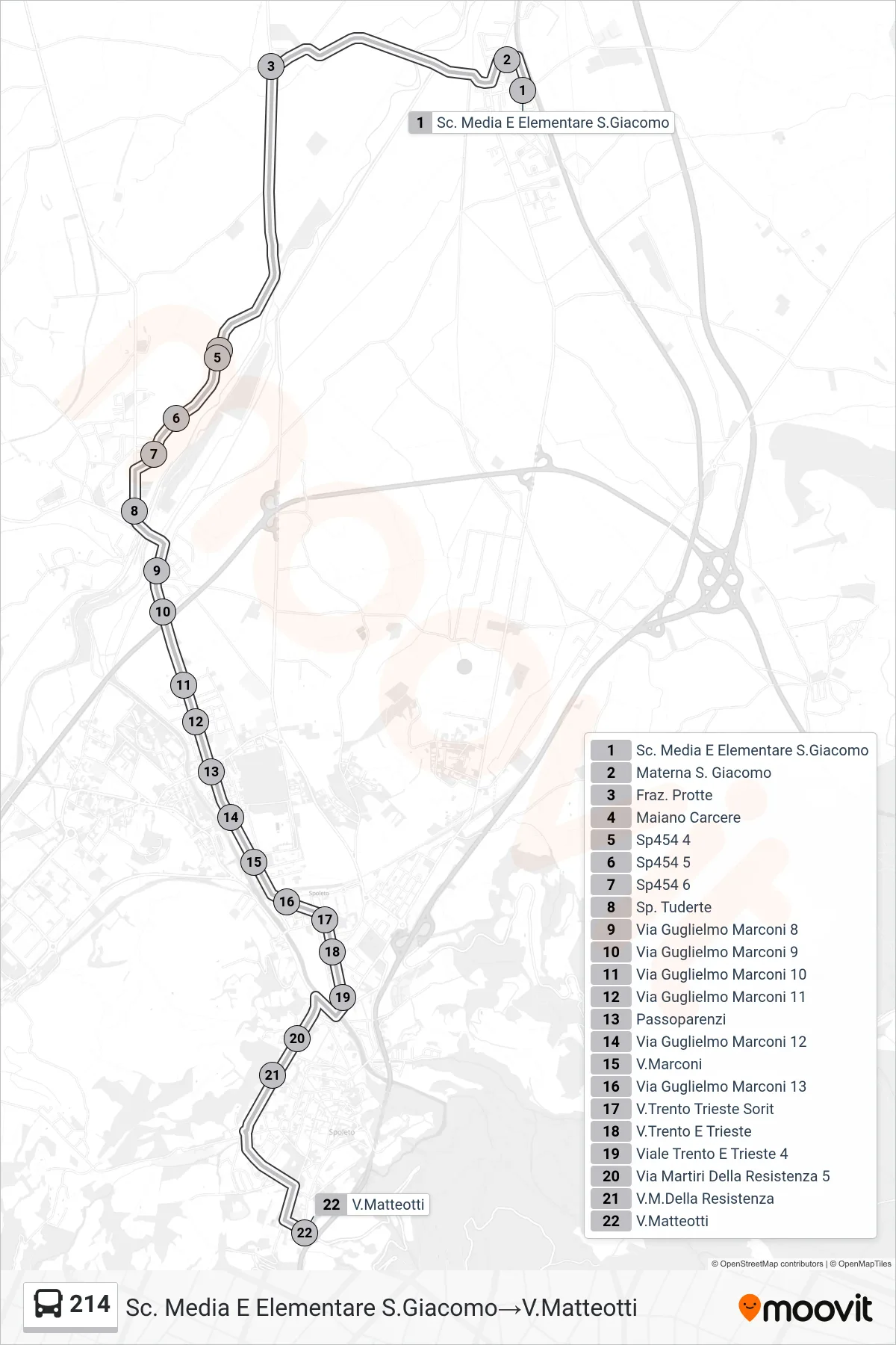 Linea 214  bus (Sc. Media E Elementare S.Giacomo‎→V.Matteotti) - Percorsi e fermate sulla mappa