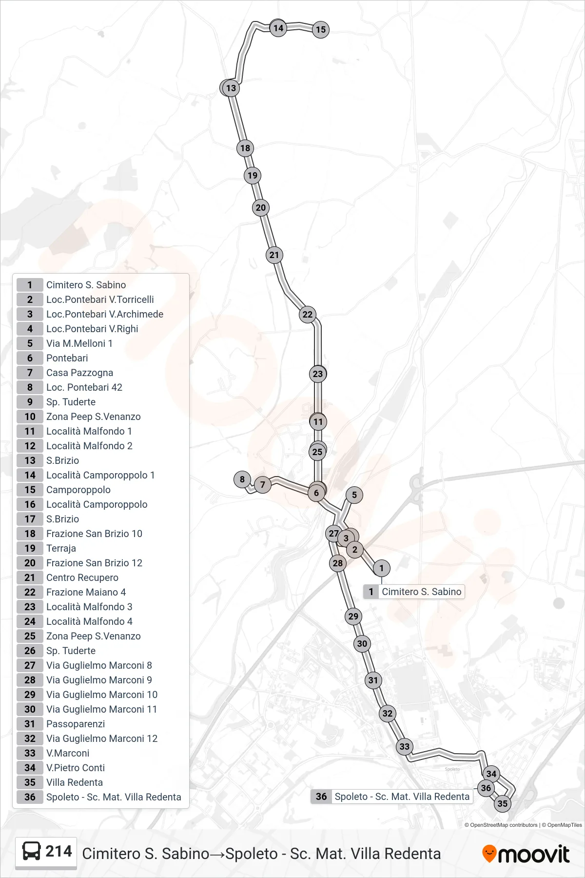 Linea 214 bus (Cimitero S. Sabino→Spoleto - Sc. Mat. Villa Redenta) - Percorsi e fermate sulla mappa
