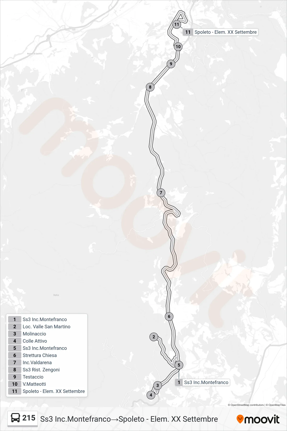 Linea 215 bus (Ss3 Inc.Montefranco→Spoleto - Elem. XX Settembre) - Percorsi e fermate sulla mappa