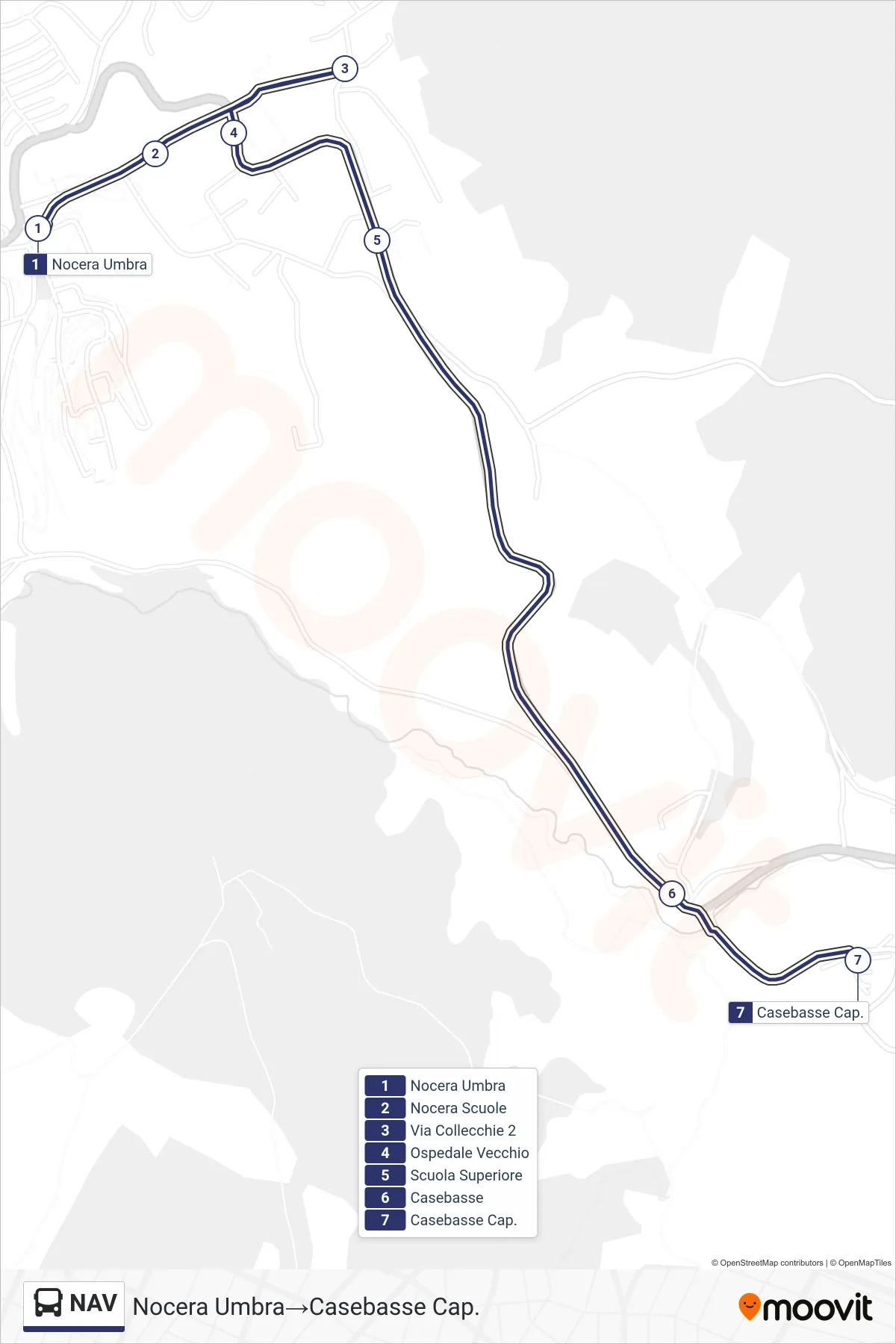 Linea NAV bus (Nocera Umbra→Casebasse Cap.) - Percorsi e fermate sulla mappa