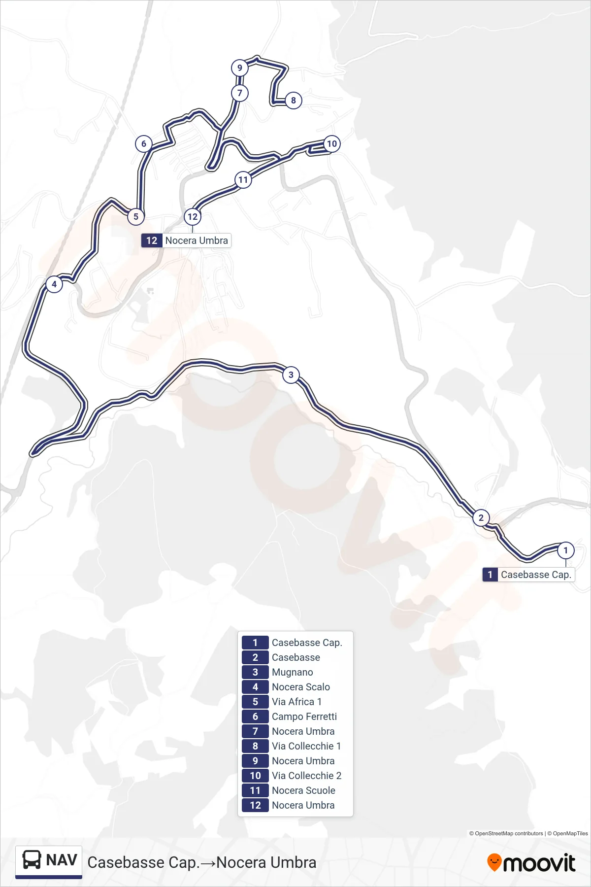 Linea NAV bus (Casebasse Cap.→Nocera Umbra) - Percorsi e fermate sulla mappa