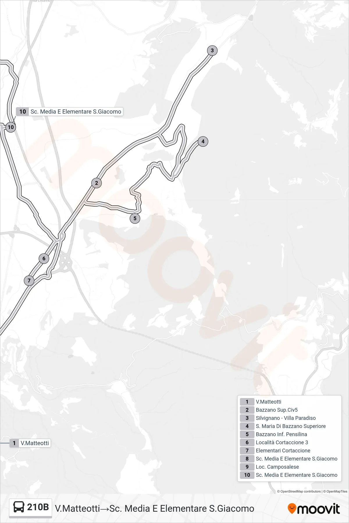 Linea 210B  bus (V.Matteotti‎→Sc. Media E Elementare S.Giacomo) - Percorsi e fermate sulla mappa