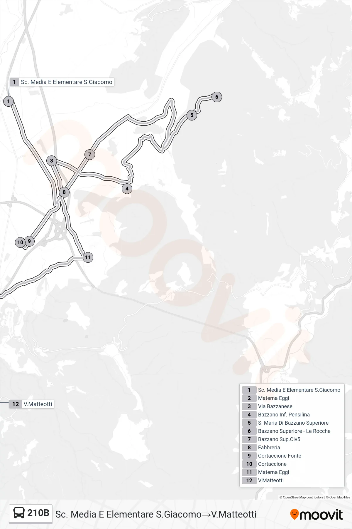 Linea 210B bus (Sc. Media E Elementare S.Giacomo→V.Matteotti) - Percorsi e fermate sulla mappa