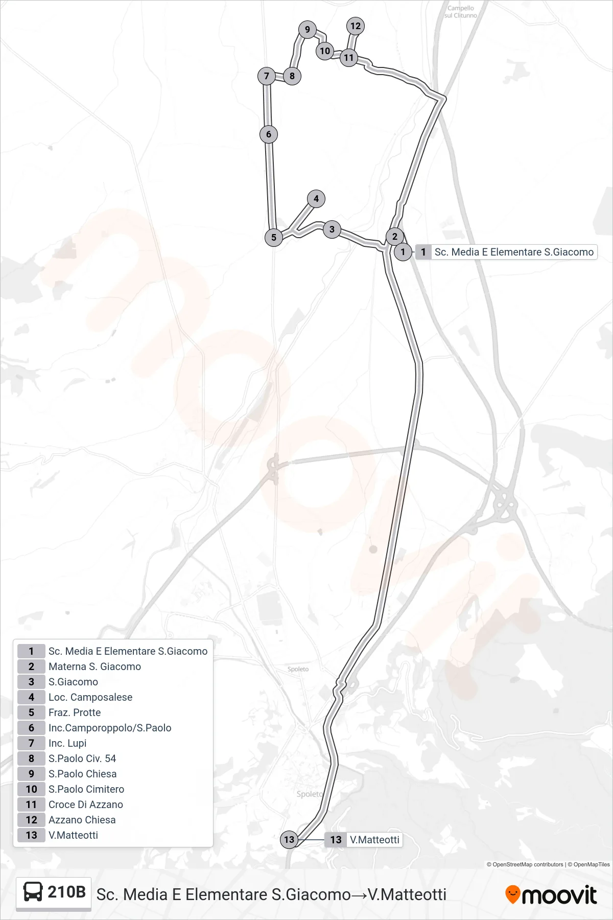 Linea 210B bus (Sc. Media E Elementare S.Giacomo→V.Matteotti) - Percorsi e fermate sulla mappa