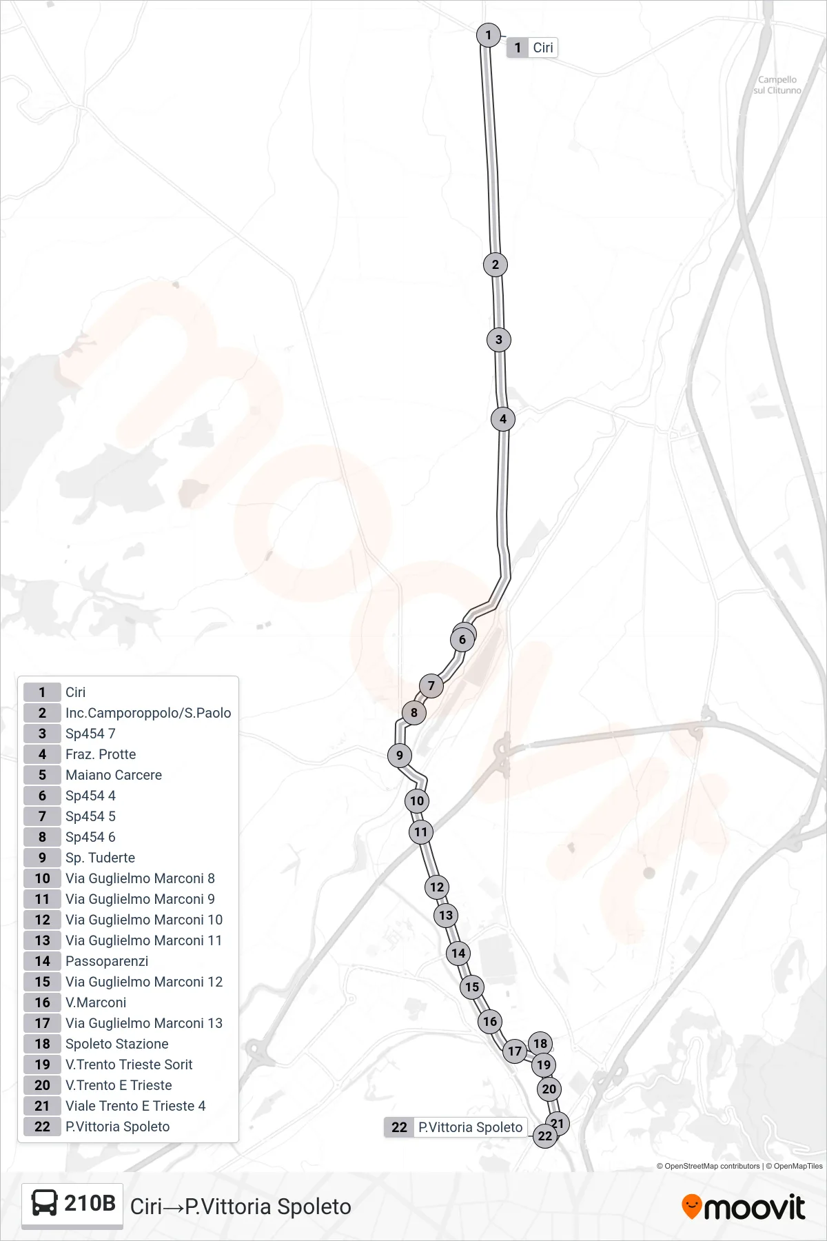 Linea 210B bus (Ciri→P.Vittoria Spoleto) - Percorsi e fermate sulla mappa