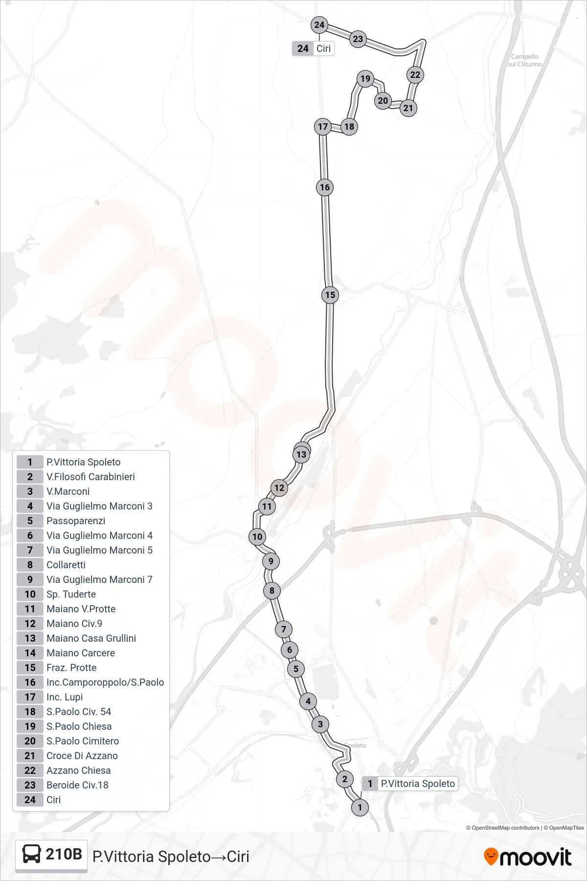 Linea 210B bus (P.Vittoria Spoleto→Ciri) - Percorsi e fermate sulla mappa