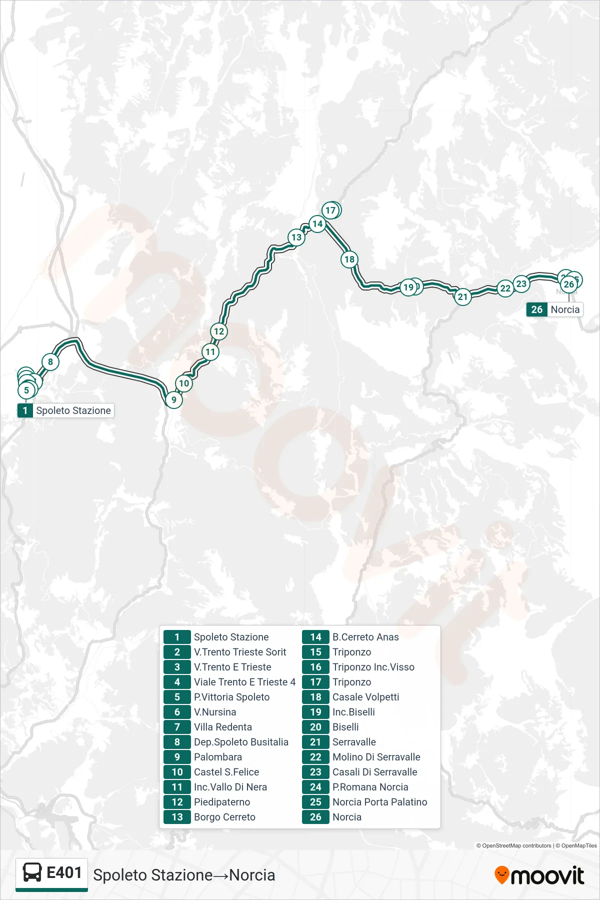 Linea E401 bus (Spoleto Stazione→Norcia) - Percorsi e fermate sulla mappa