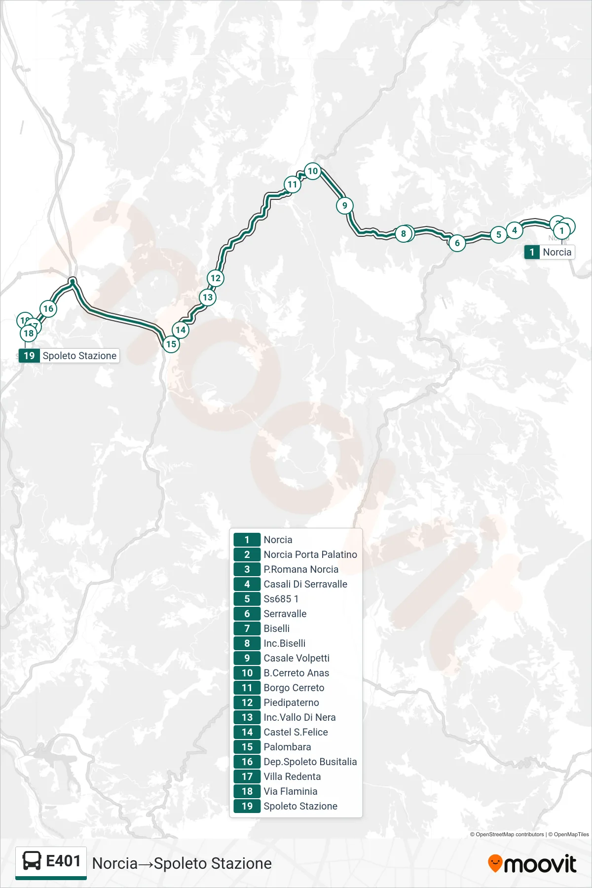 Linea E401 bus (Norcia→Spoleto Stazione) - Percorsi e fermate sulla mappa