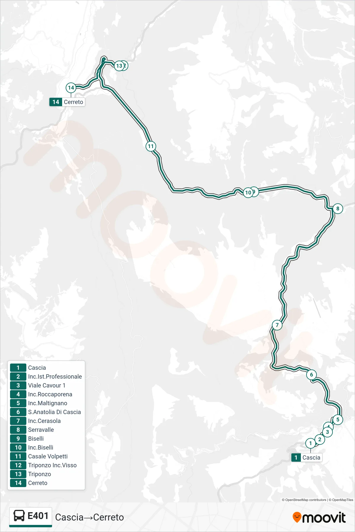 Linea E401 bus (Cascia→Cerreto) - Percorsi e fermate sulla mappa