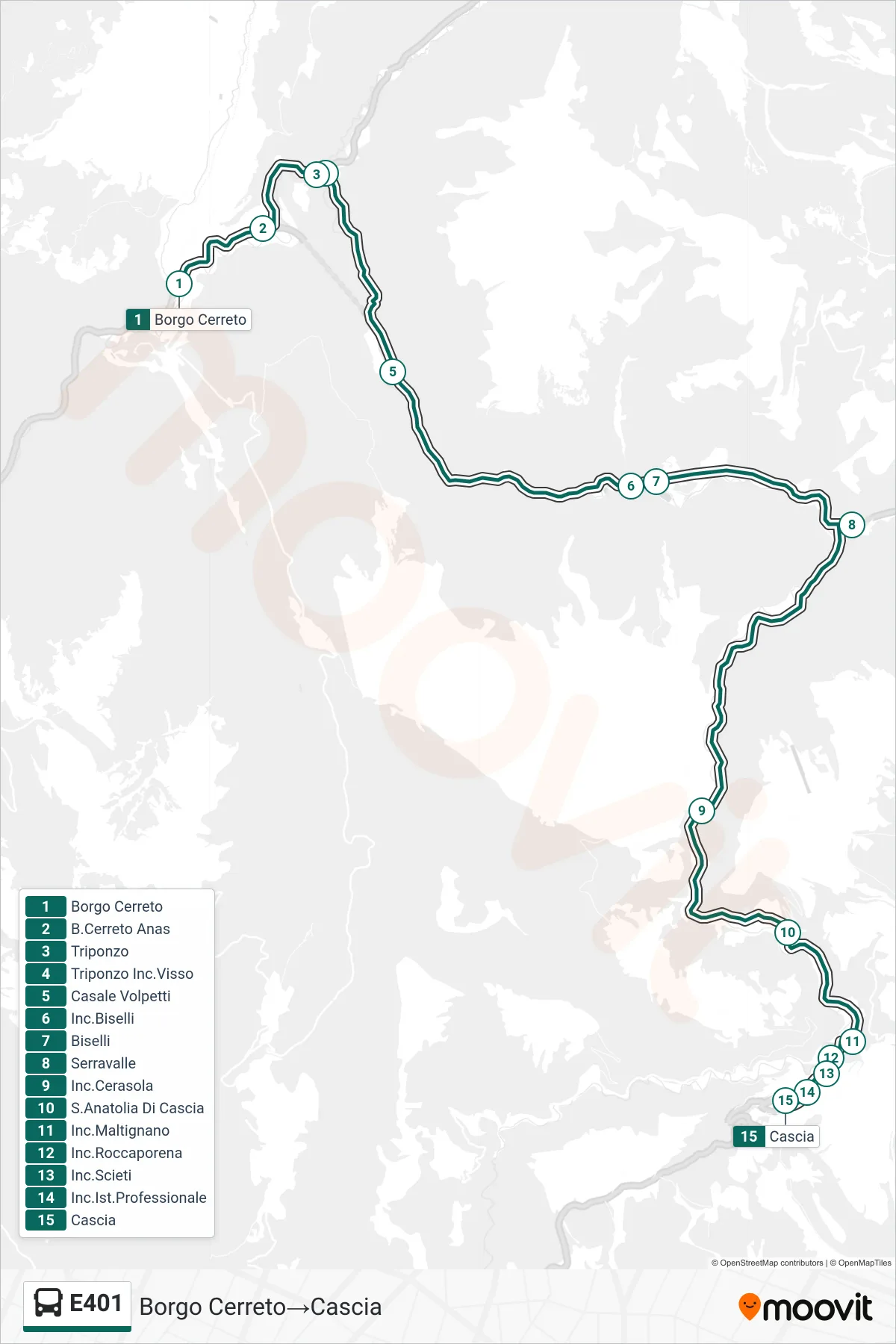 Linea E401 bus (Borgo Cerreto→Cascia) - Percorsi e fermate sulla mappa