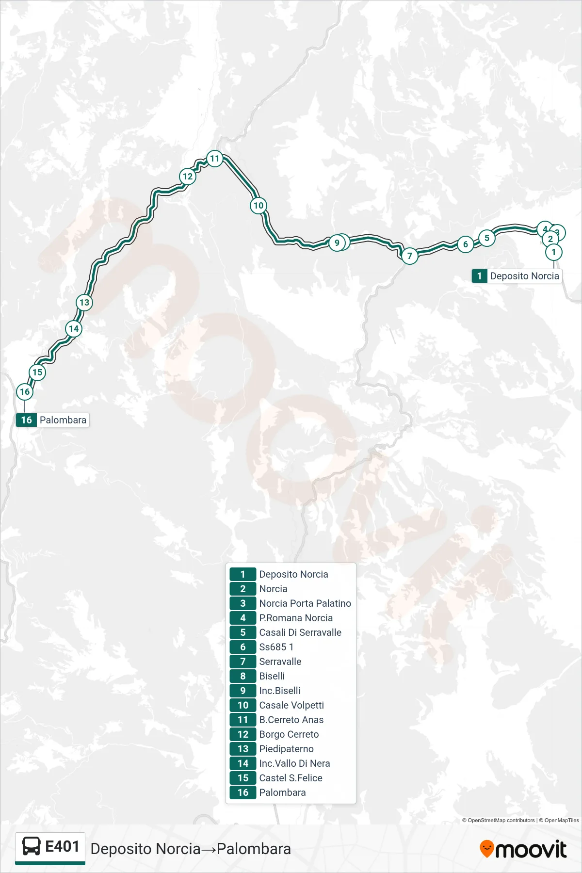 Linea E401 bus (Deposito Norcia→Palombara) - Percorsi e fermate sulla mappa