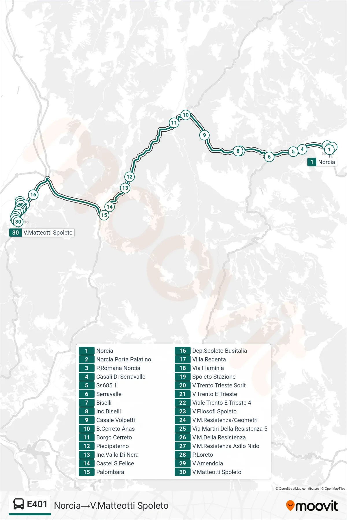 Linea E401 bus (Norcia→V.Matteotti Spoleto) - Percorsi e fermate sulla mappa