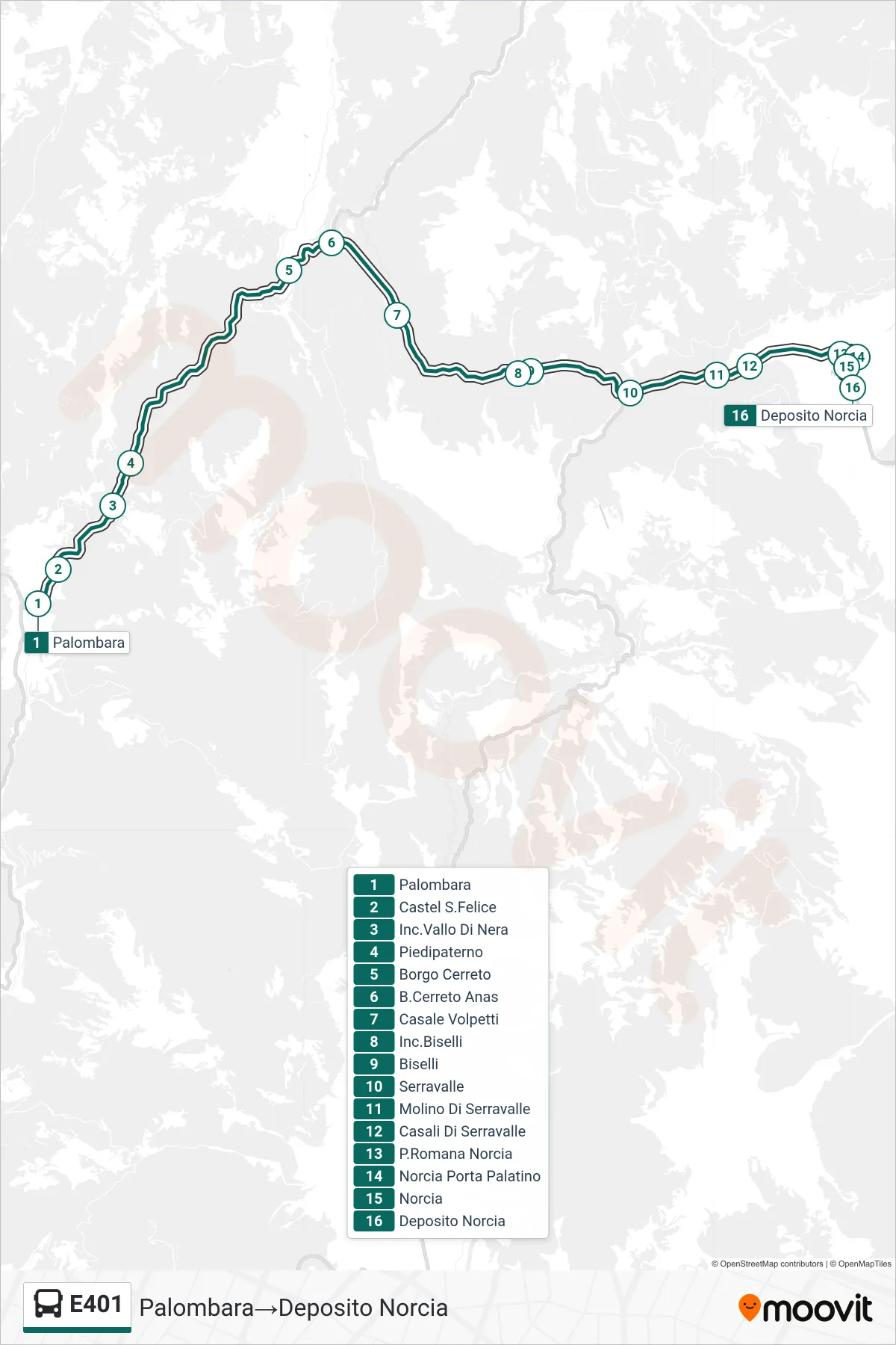 E401 bus Line (Palombara→Norcia Depot) route and stops on a map