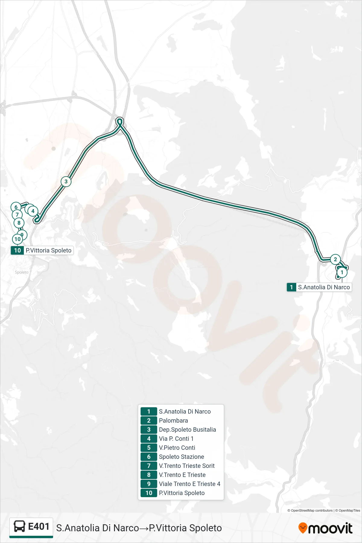 Linea E401 bus (S.Anatolia Di Narco→P.Vittoria Spoleto) - Percorsi e fermate sulla mappa