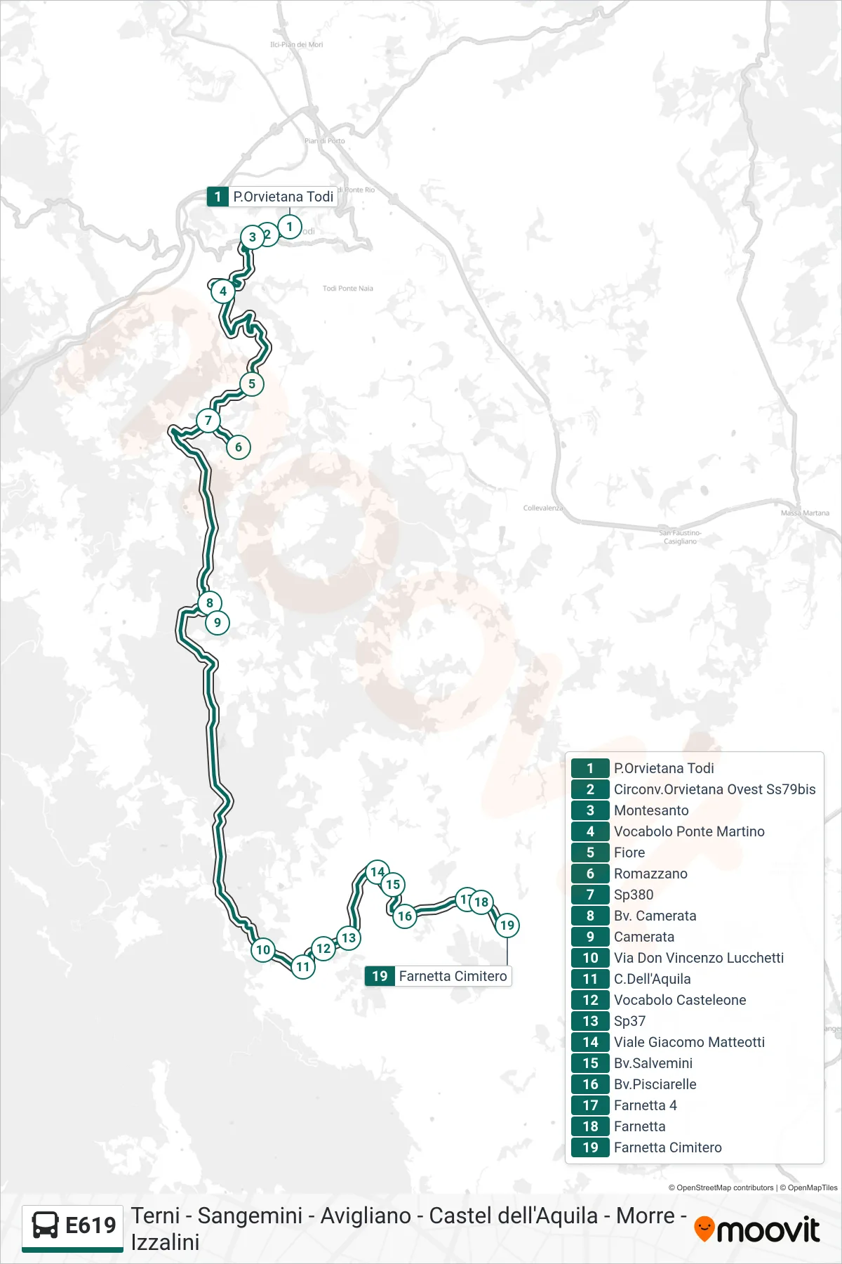 Linea E619  bus (P.Orvietana Todi‎→Farnetta Cimitero) - Percorsi e fermate sulla mappa